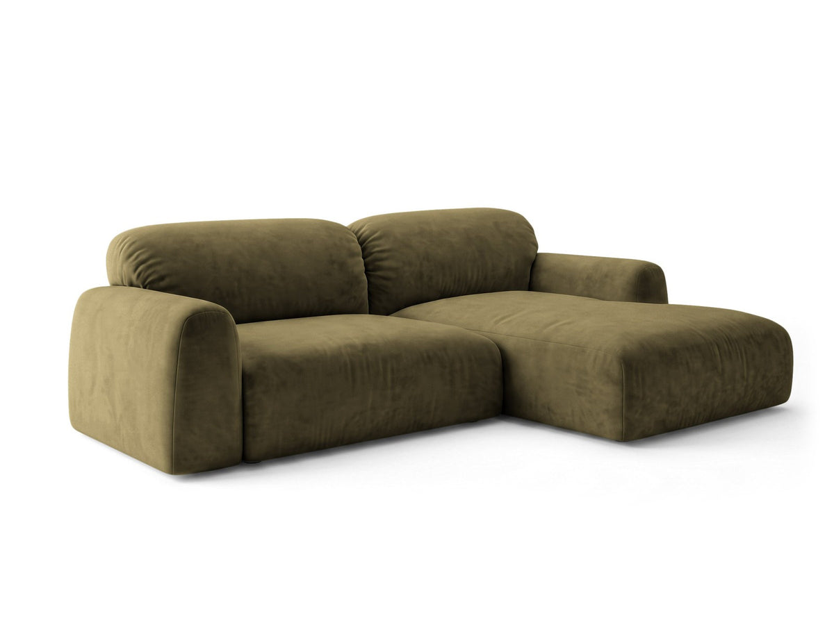 Milan Bettsofa rechts als Ecksofa mit Récamière, Bluvel-Bezug und schwarzen Kunststoffbeinen