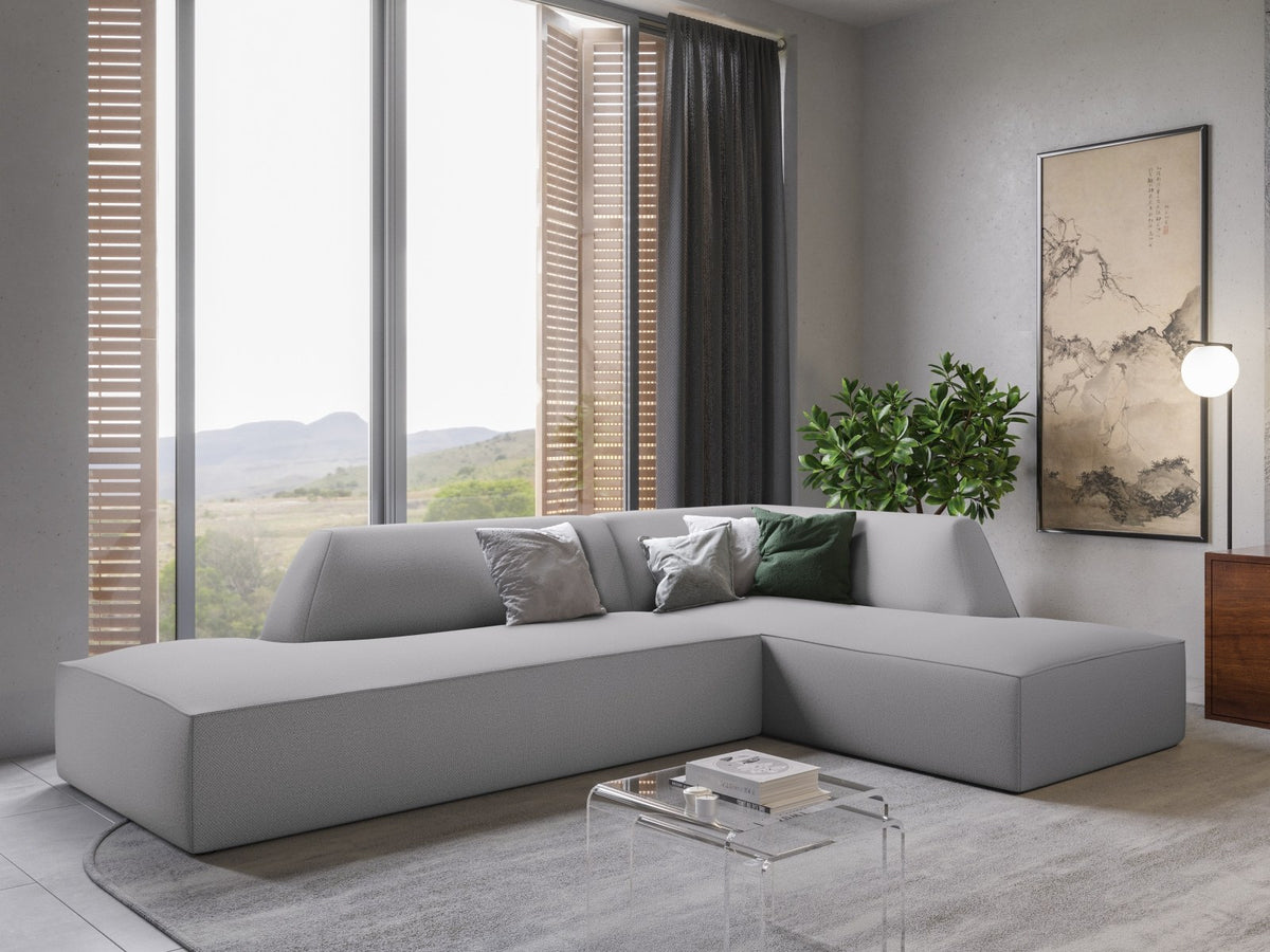 Modulares Ecksofa Siena in Light Grey-Ottawa mit Récamiere, Massivholzrahmen und schwarzen Kunststoffbeinen, 4-Sitzer, Breite 273 cm.