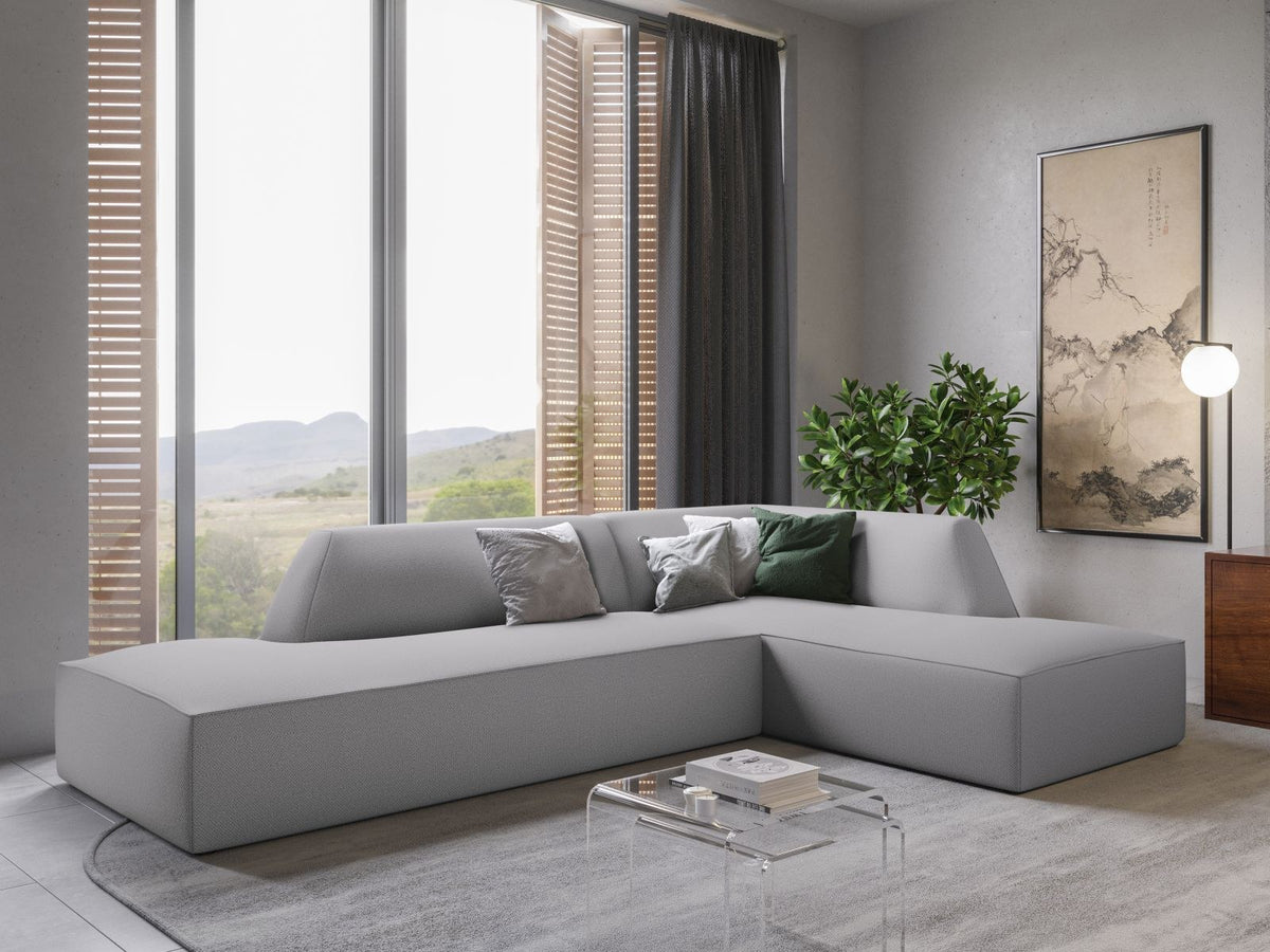 Modulares Ecksofa Siena in Light Grey-Ottawa mit Récamiere, Massivholzrahmen und schwarzen Kunststoffbeinen, 4-Sitzer, Breite 273 cm.