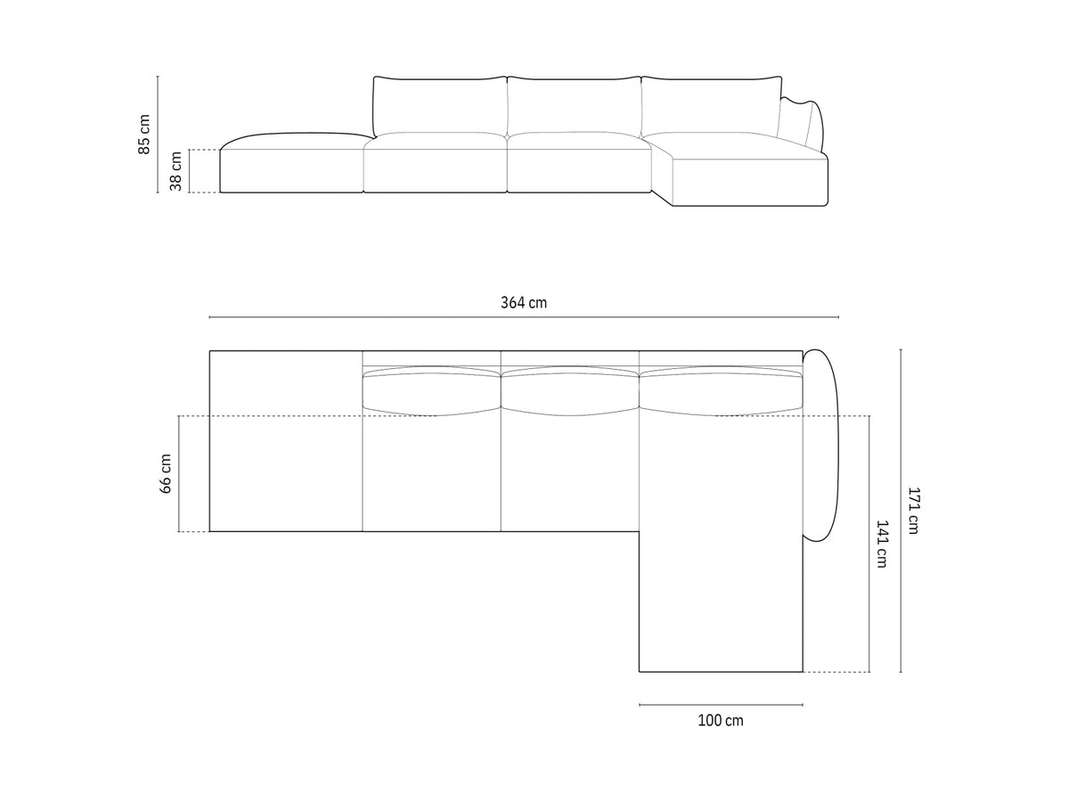 Ecksofa rechts Matera mit Récamière, Stoffbezug und schwarzen Beinen im Wohnzimmer