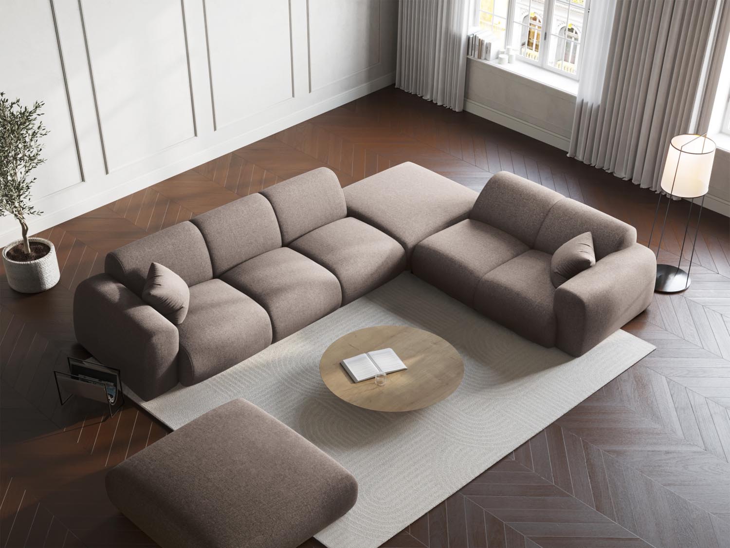 Beige Nolio Ecksofa rechts 4-Sitzer mit modernem Design, ideal für stilvolle Wohnräume, präsentiert in einem eleganten Ambiente.