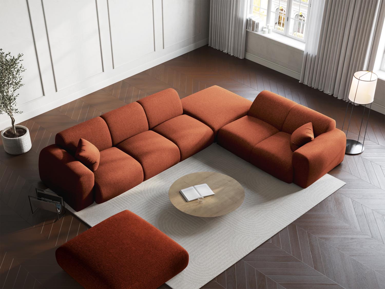 Elegantes Nolio Ecksofa in Terracotta, 4-Sitzer, 250 cm, ideal für stilvolle Wohnräume, präsentiert von Cosmopolitan Design.