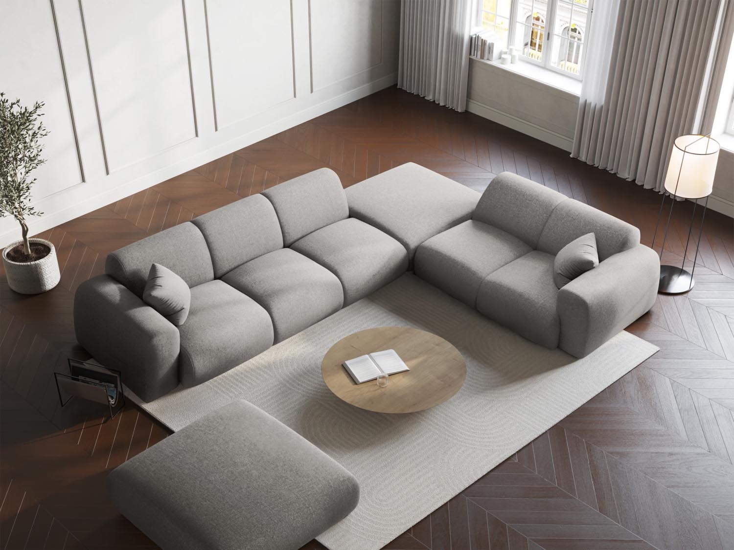 Modernes Nolio Ecksofa rechts, 4-Sitzer in elegantem Light Grey, ideal für stilvolle Wohnräume und gemütliche Abende.