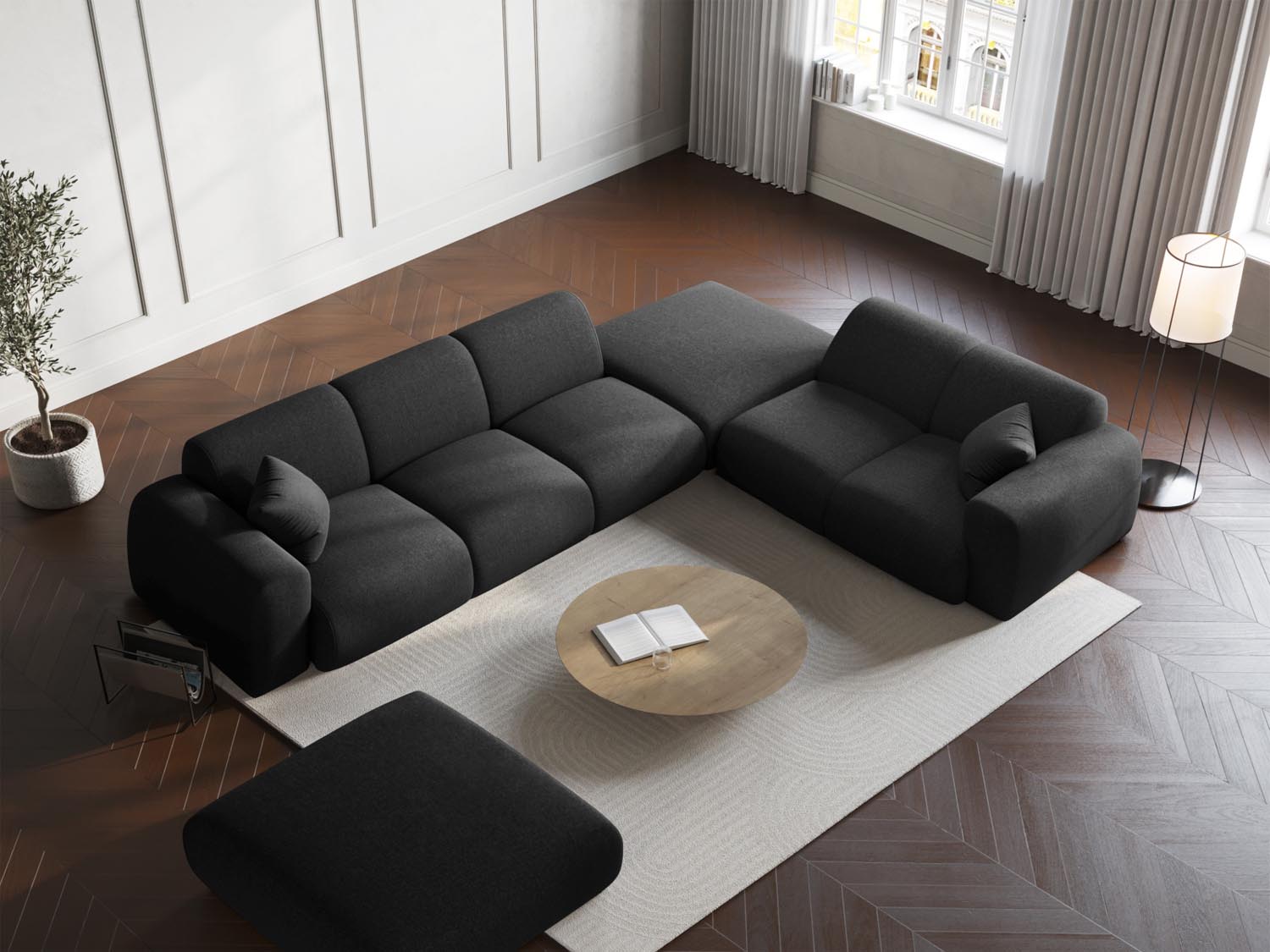 Elegantes Nolio Ecksofa rechts 4-Sitzer in Schwarz, 250 cm, stilvoll und modern, ideal für jedes Wohnzimmer, präsentiert von Cosmopolitan Design.