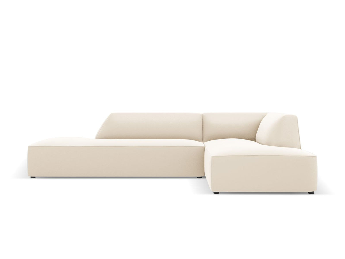 Modulares Ecksofa rechts Siena in Light Beige-Pacifico mit lederähnlichem Bezug, schwarzen Kunststoffbeinen und Récamiere, 4-Sitzer.