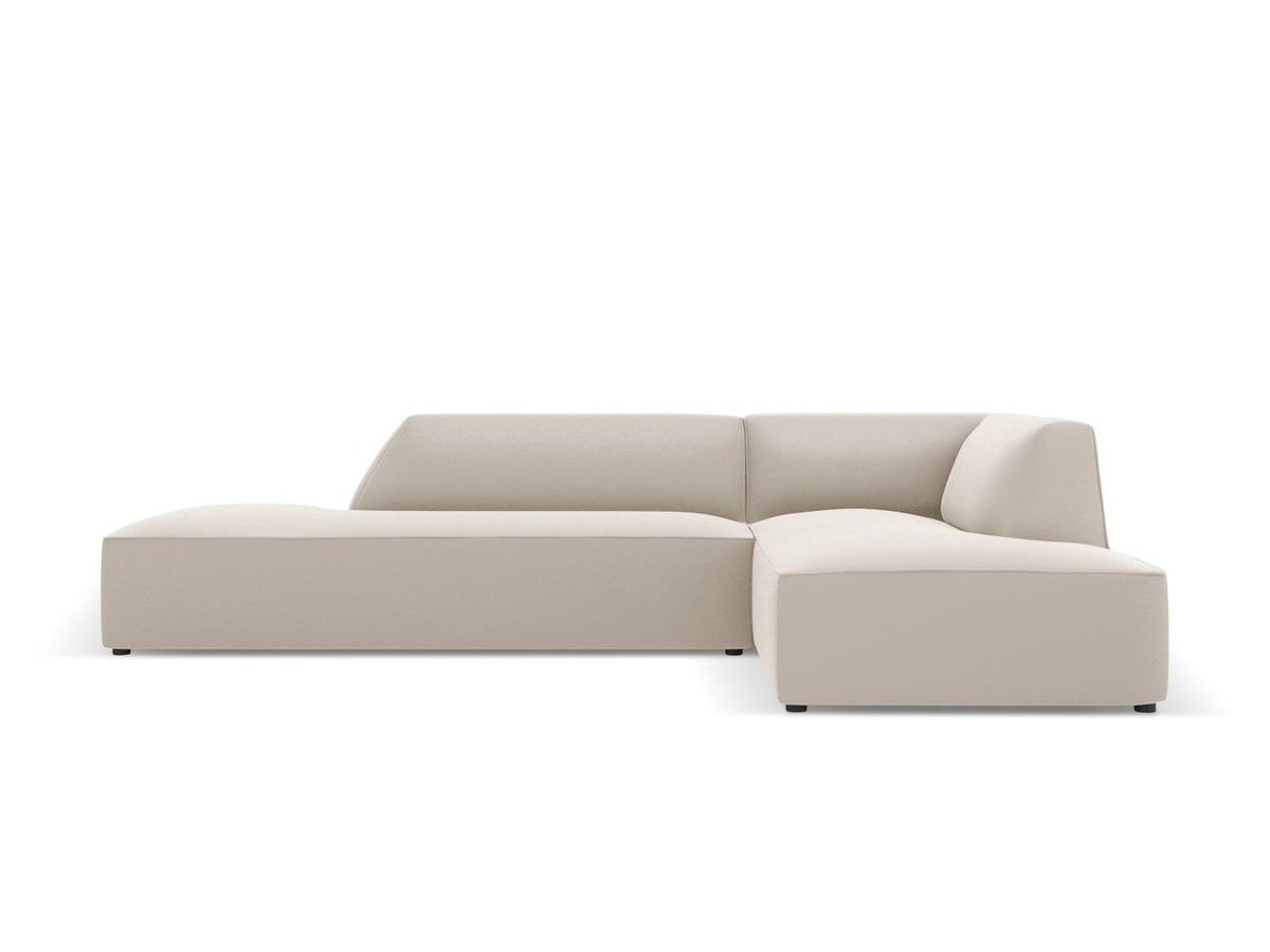 Modulares Ecksofa rechts Siena in Light Beige-Pacifico mit lederähnlichem Bezug, schwarzen Kunststoffbeinen und Récamiere, 4-Sitzer.