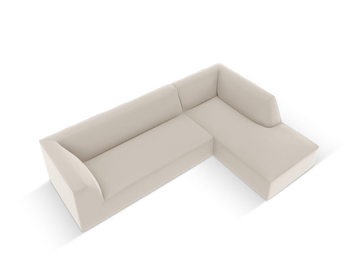 Modulares Ecksofa rechts Siena in Light Beige-Pacifico mit lederähnlichem Bezug, schwarzen Kunststoffbeinen und Récamiere, 4-Sitzer.