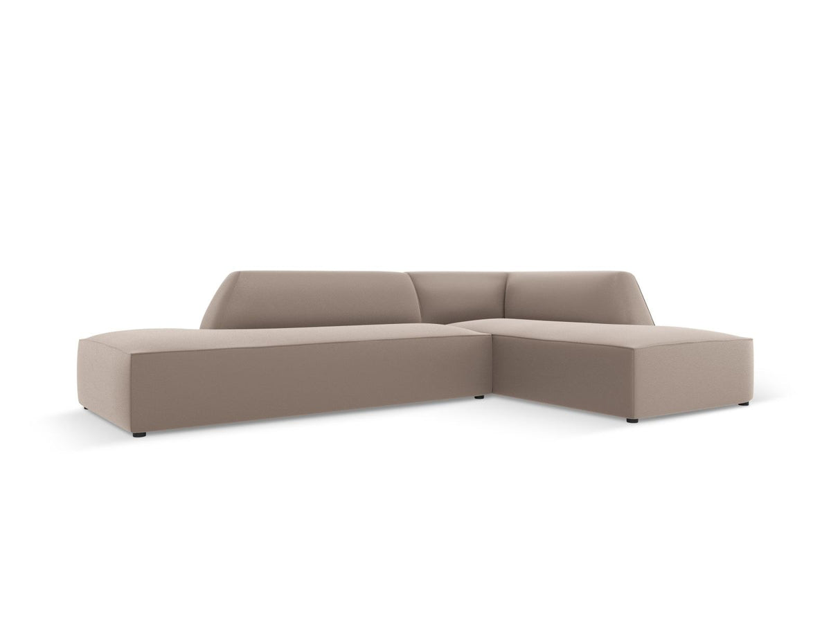 Modulares Ecksofa rechts Siena in Light Beige-Pacifico mit lederähnlichem Bezug, schwarzen Kunststoffbeinen und Récamiere, 4-Sitzer.