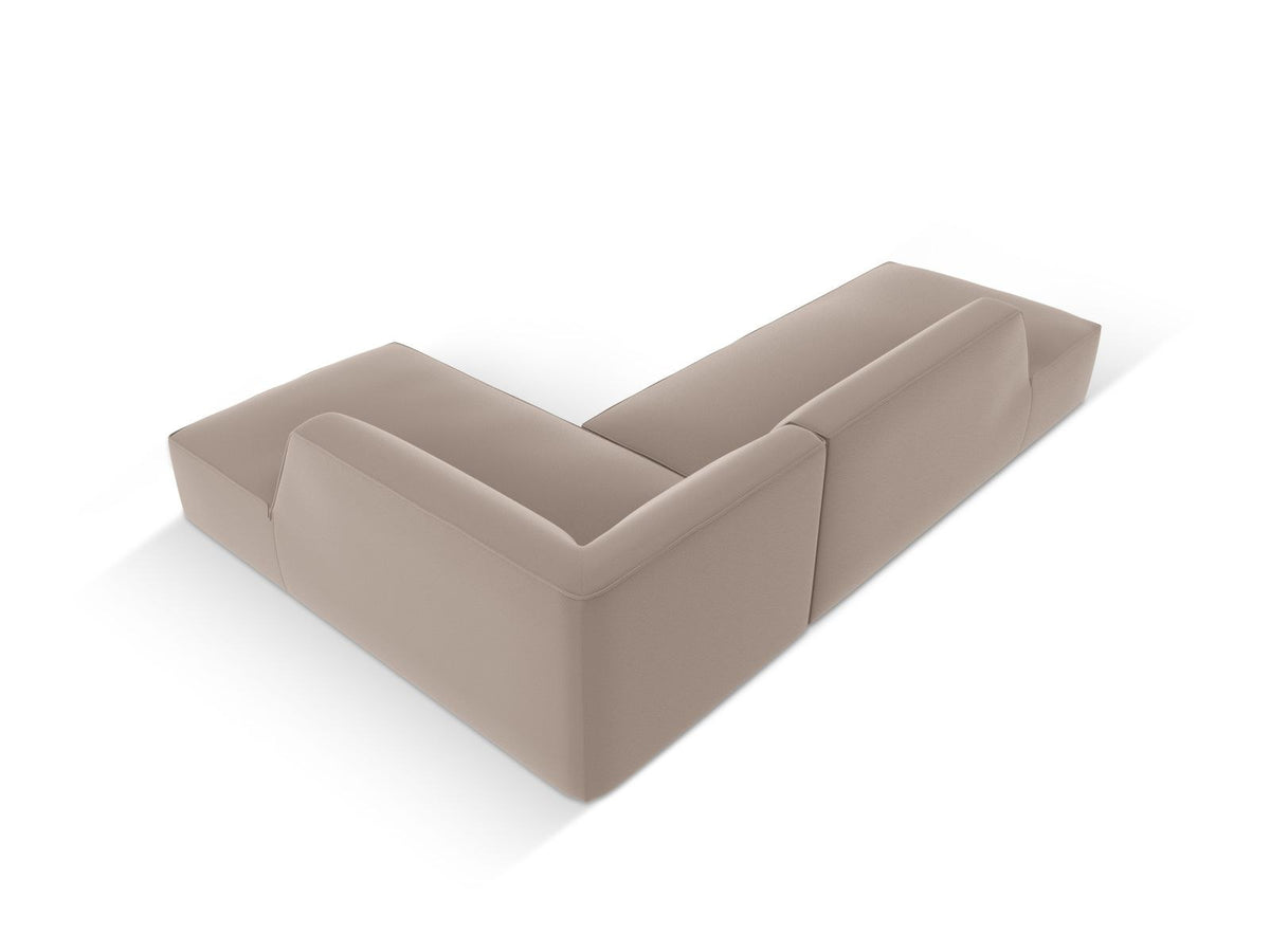 Modulares Ecksofa rechts Siena in Light Beige-Pacifico mit lederähnlichem Bezug, schwarzen Kunststoffbeinen und Récamiere, 4-Sitzer.