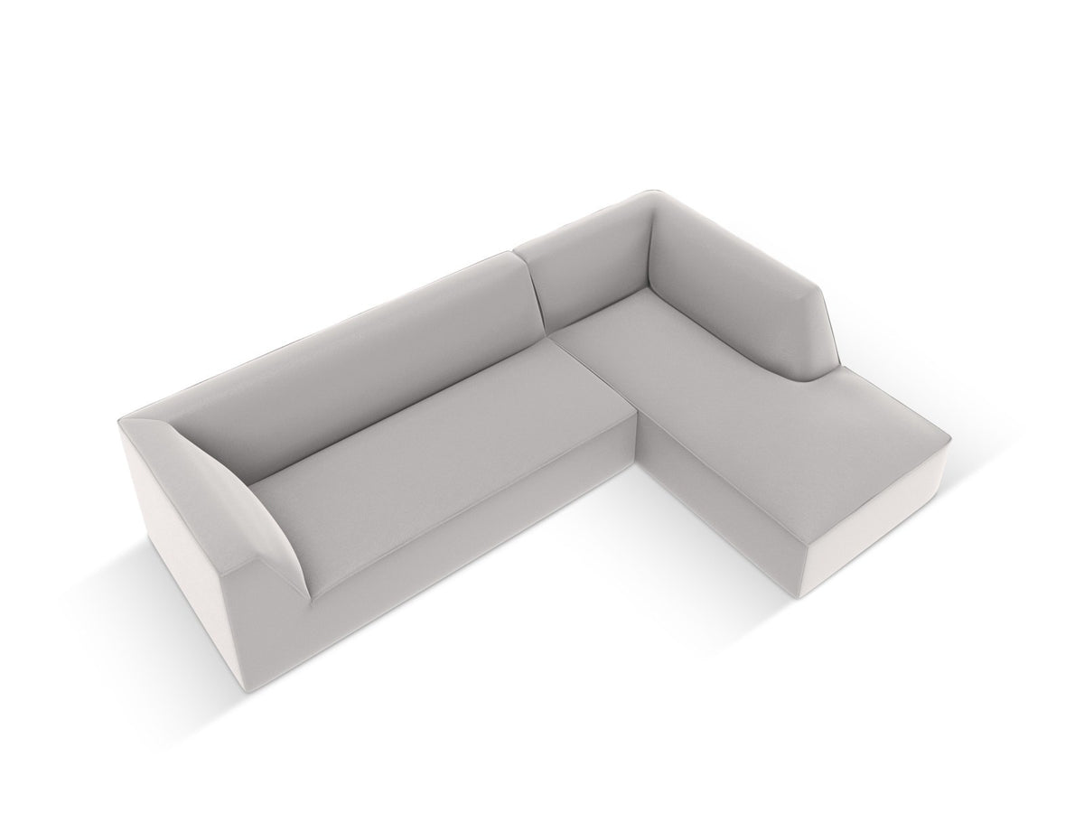 Modulares Ecksofa rechts Siena in Light Beige-Pacifico mit lederähnlichem Bezug, schwarzen Kunststoffbeinen und Récamiere, 4-Sitzer.