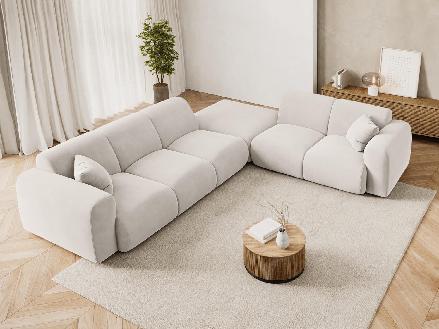 Entdecken Sie das Nolio Velour Ecksofa rechts (250cm) von Cosmopolitan Design – ein elegantes 4-Sitzer Sofa, das Komfort und modernes Design vereint.