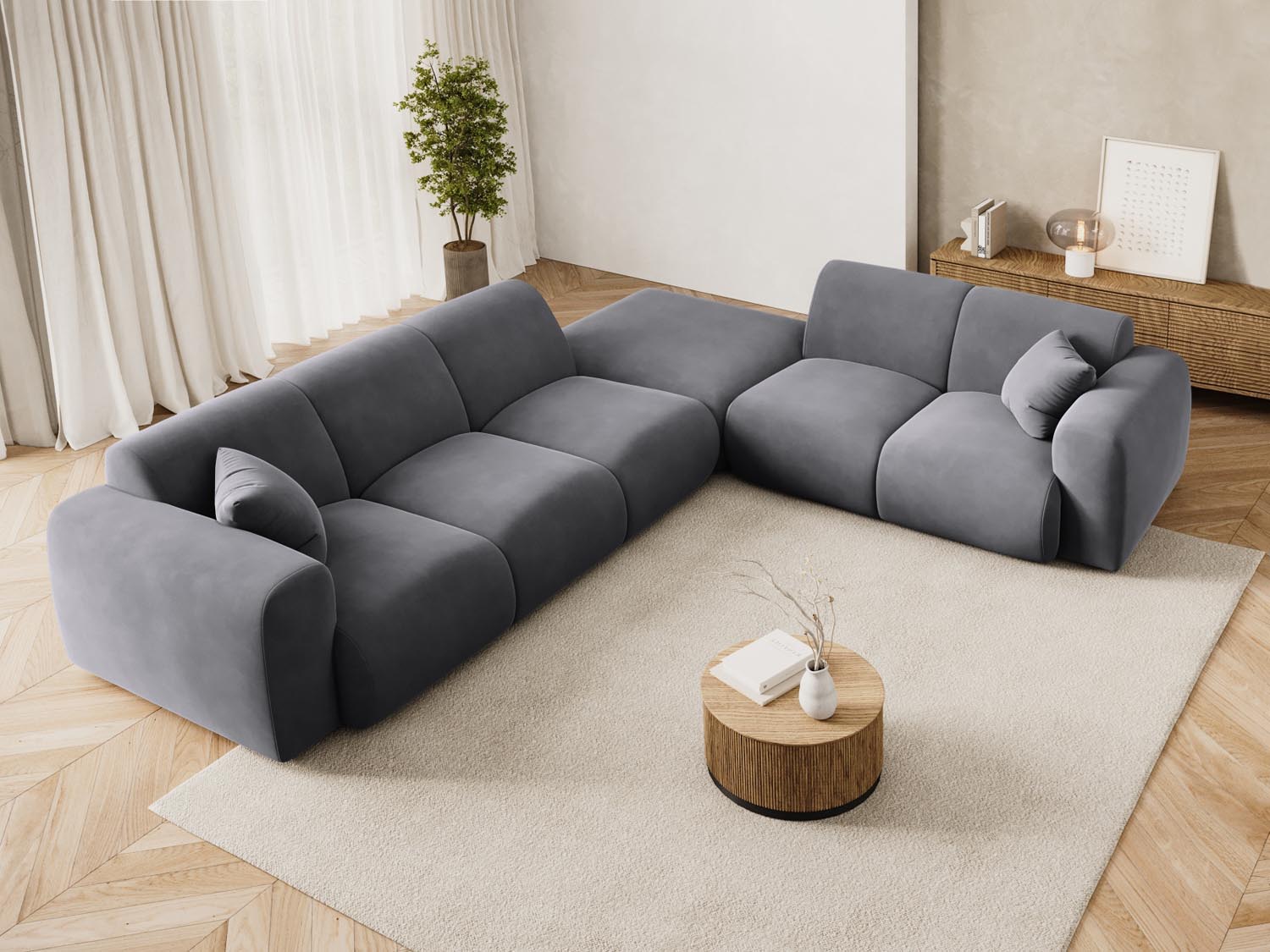 Entdecken Sie das Nolio Velour Ecksofa rechts (250cm) von Cosmopolitan Design – ein elegantes 4-Sitzer Sofa, das Komfort und modernes Design vereint.