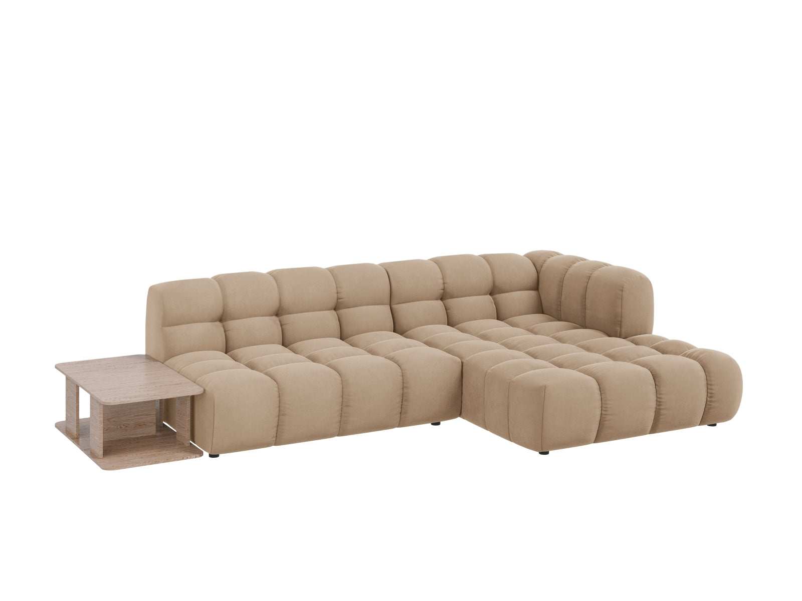 Modulares Ecksofa Sky Velour in Sand-Casino, 4-Sitzer, rechte Ausführung, perfekt für moderne und elegante Wohnkonzepte von Cosmopolitan Design.