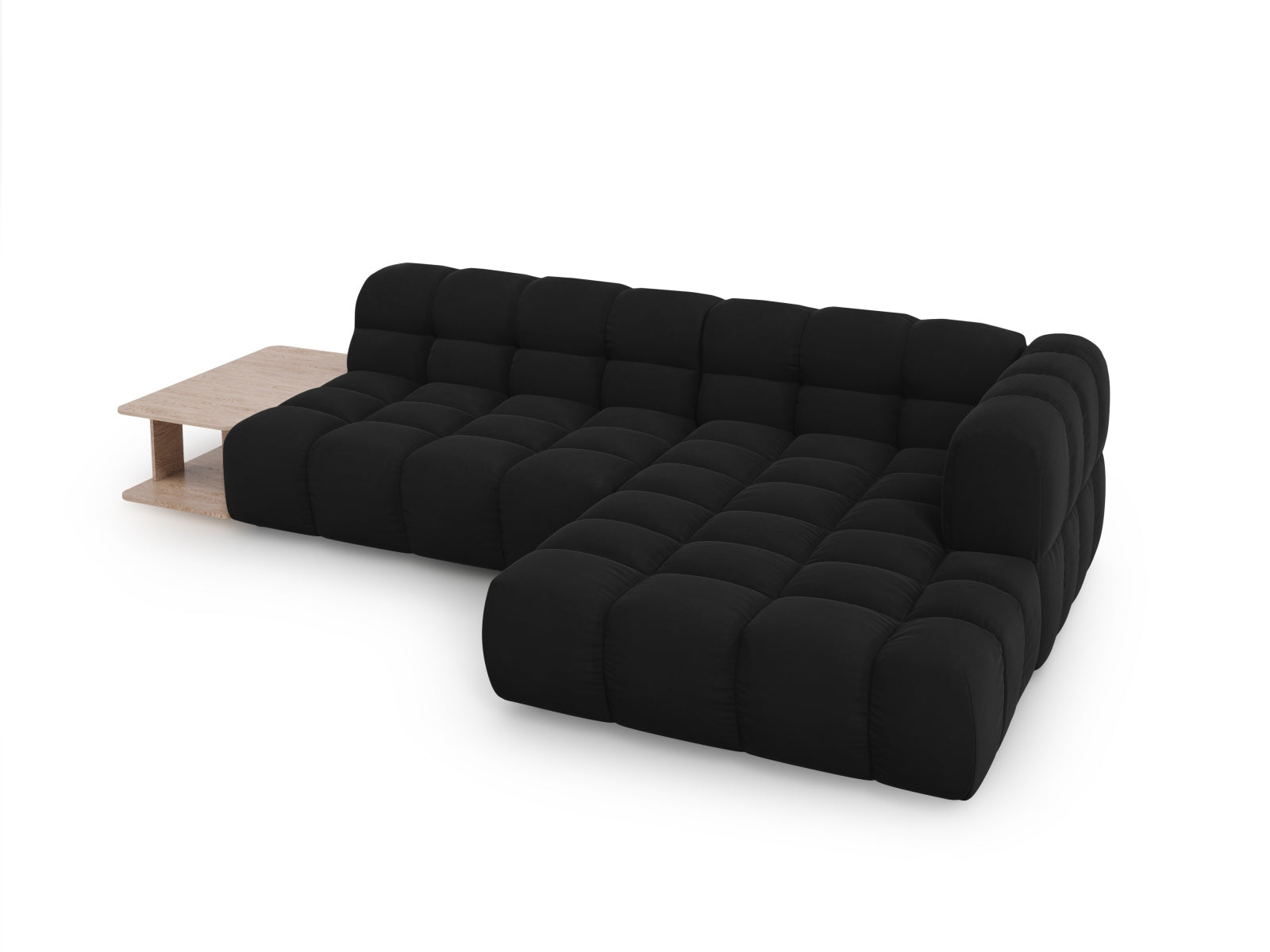 Elegantes modulares Ecksofa Sky Velour in stilvollem Schwarz, 4-Sitzer, rechte Variante, ideal für zeitgemäße Wohnräume von Cosmopolitan Design.