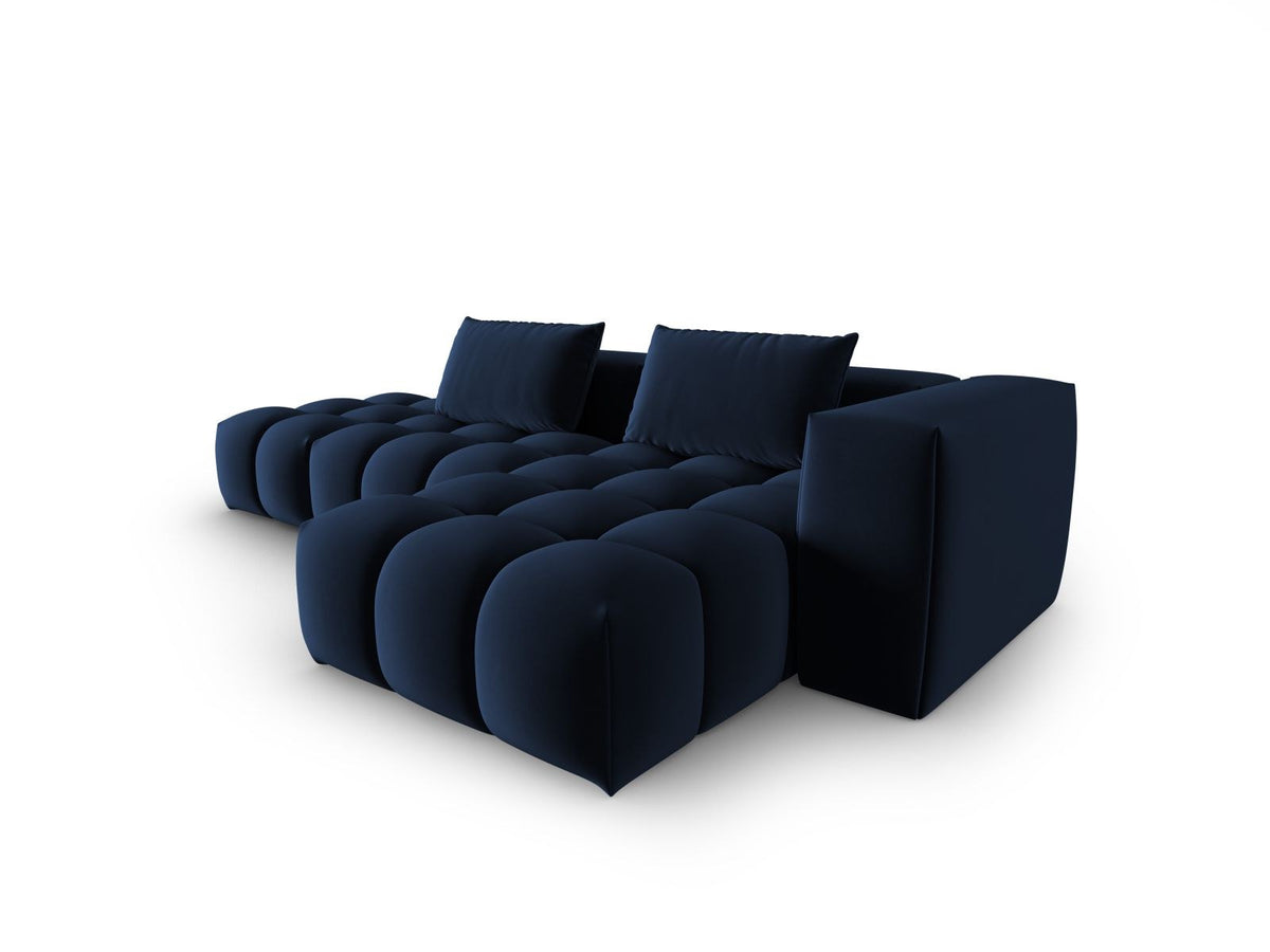 Modulares Ecksofa rechts aus Samt in Sand-Casino mit Récamiere, schwarzen Kunststoffbeinen und gepolsterter Rückenlehne.