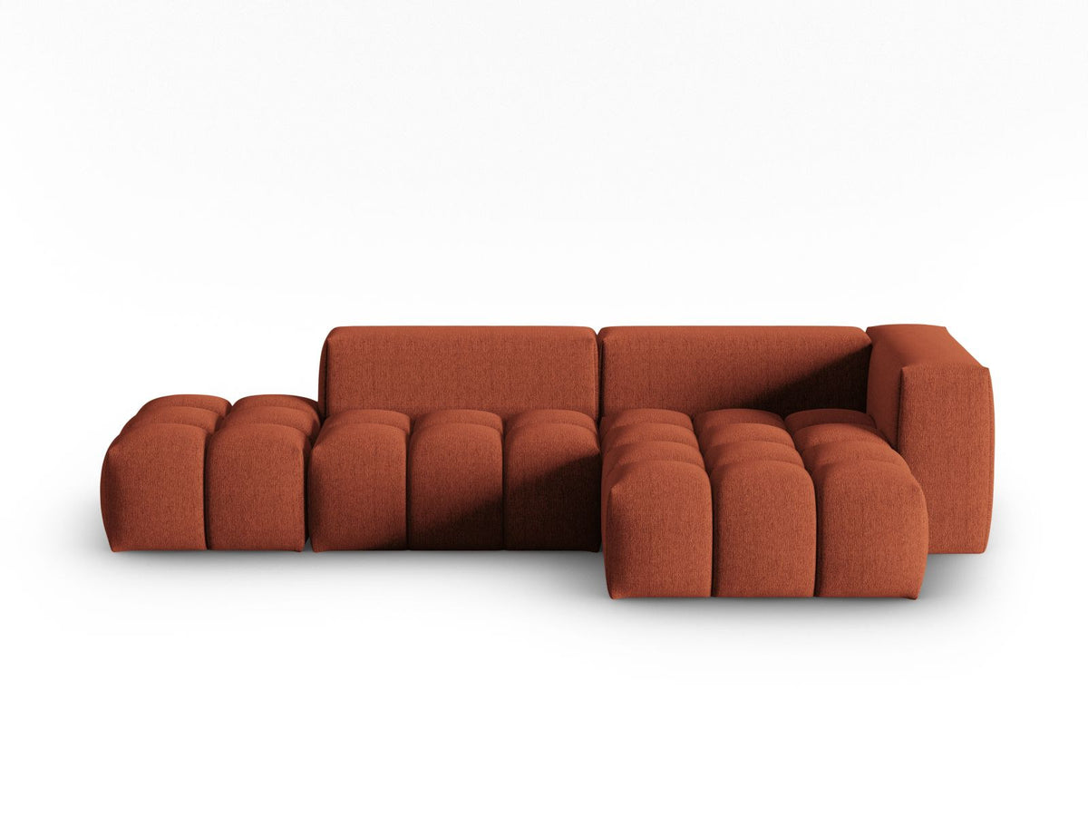 Modulares Ecksofa Verona in Beige-Sorella mit Massivholzrahmen, schwarzen Kunststoffbeinen und strukturiertem Tweed-Stoffbezug, rechte Ausrichtung.