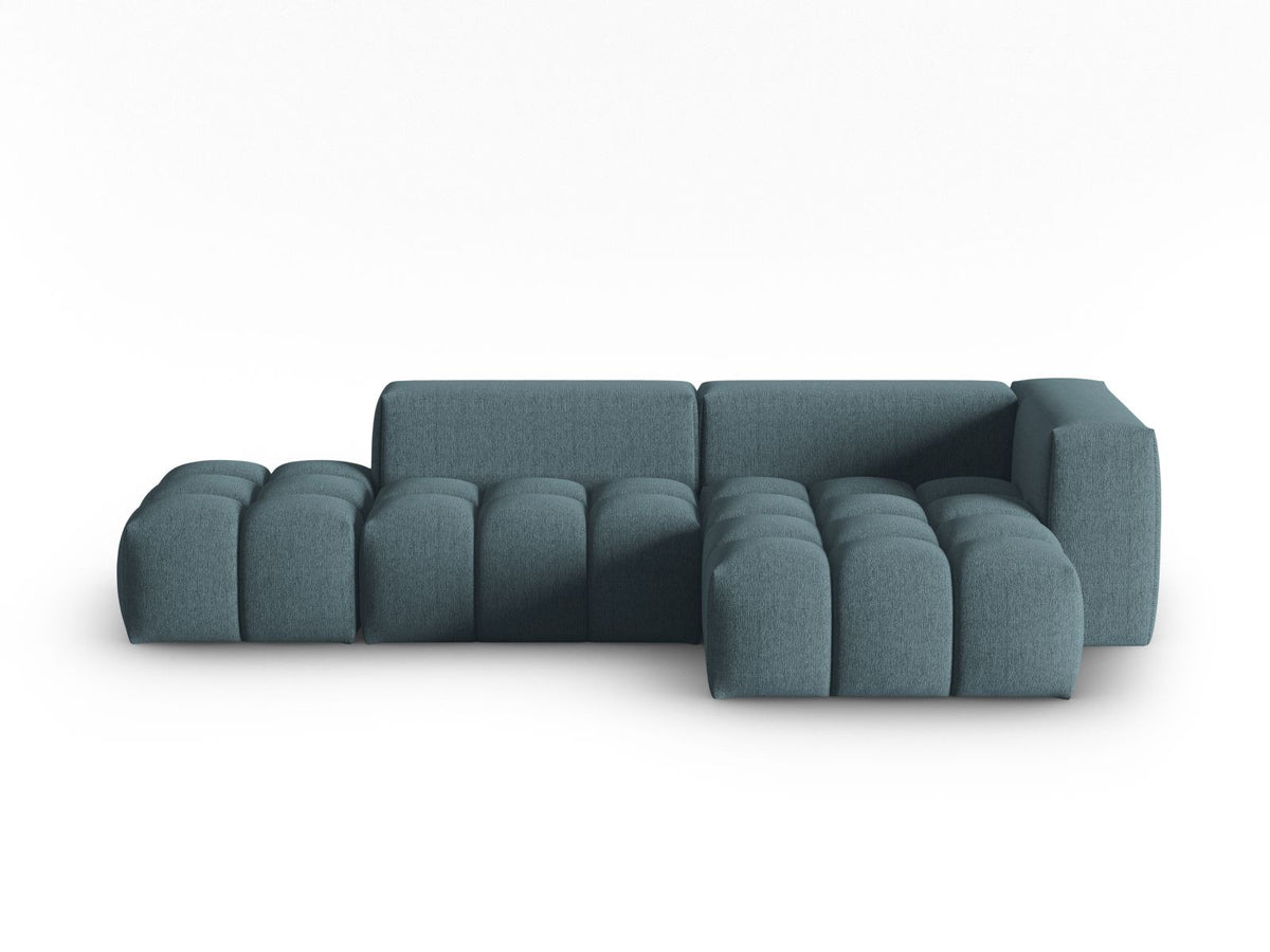 Modulares Ecksofa Verona in Beige-Sorella mit Massivholzrahmen, schwarzen Kunststoffbeinen und strukturiertem Tweed-Stoffbezug, rechte Ausrichtung.