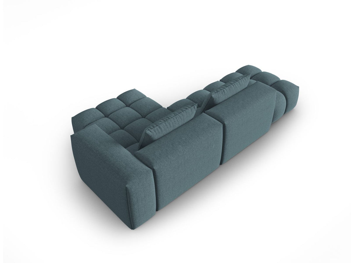 Modulares Ecksofa Verona in Beige-Sorella mit Massivholzrahmen, schwarzen Kunststoffbeinen und strukturiertem Tweed-Stoffbezug, rechte Ausrichtung.