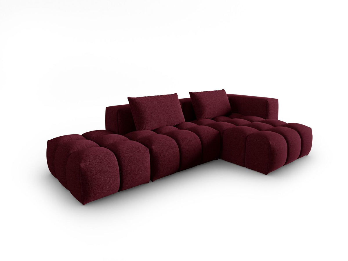 Modulares Ecksofa Verona in Beige-Sorella mit Massivholzrahmen, schwarzen Kunststoffbeinen und strukturiertem Tweed-Stoffbezug, rechte Ausrichtung.
