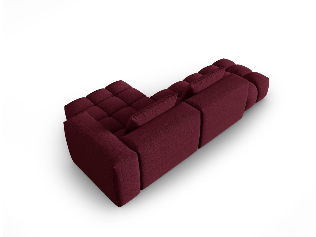 Modulares Ecksofa Verona in Beige-Sorella mit Massivholzrahmen, schwarzen Kunststoffbeinen und strukturiertem Tweed-Stoffbezug, rechte Ausrichtung.