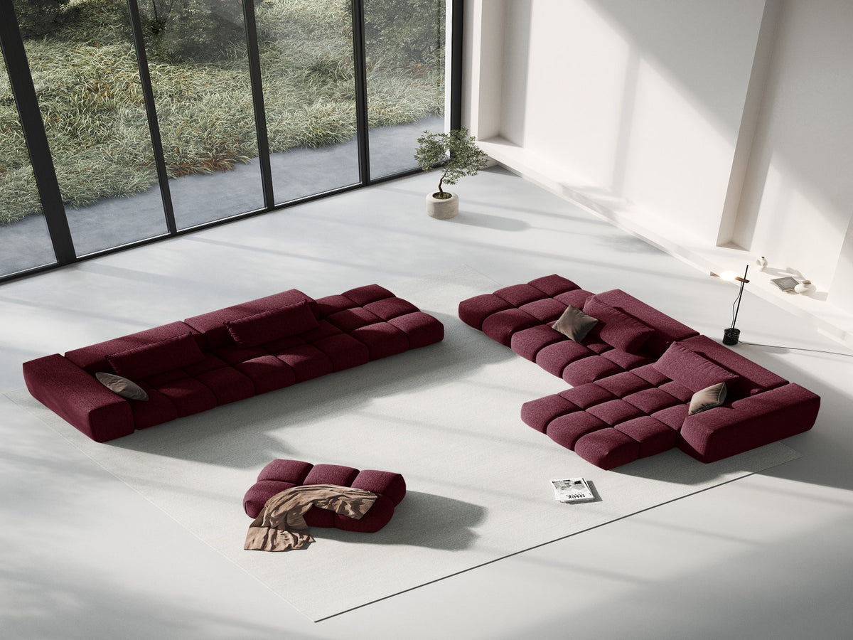 Modulares Ecksofa Verona in Beige-Sorella mit Massivholzrahmen, schwarzen Kunststoffbeinen und strukturiertem Tweed-Stoffbezug, rechte Ausrichtung.