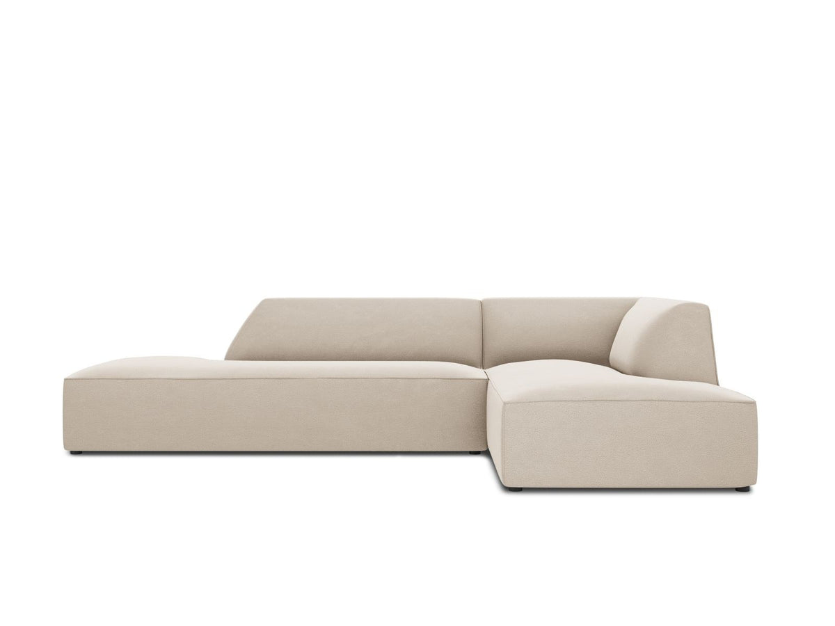 Modulares Ecksofa rechts Siena in Beige-Salvador Samtstoff mit schwarzen Kunststoffbeinen, Récamiere und Massivholzrahmen, 4-Sitzer, 180 cm.