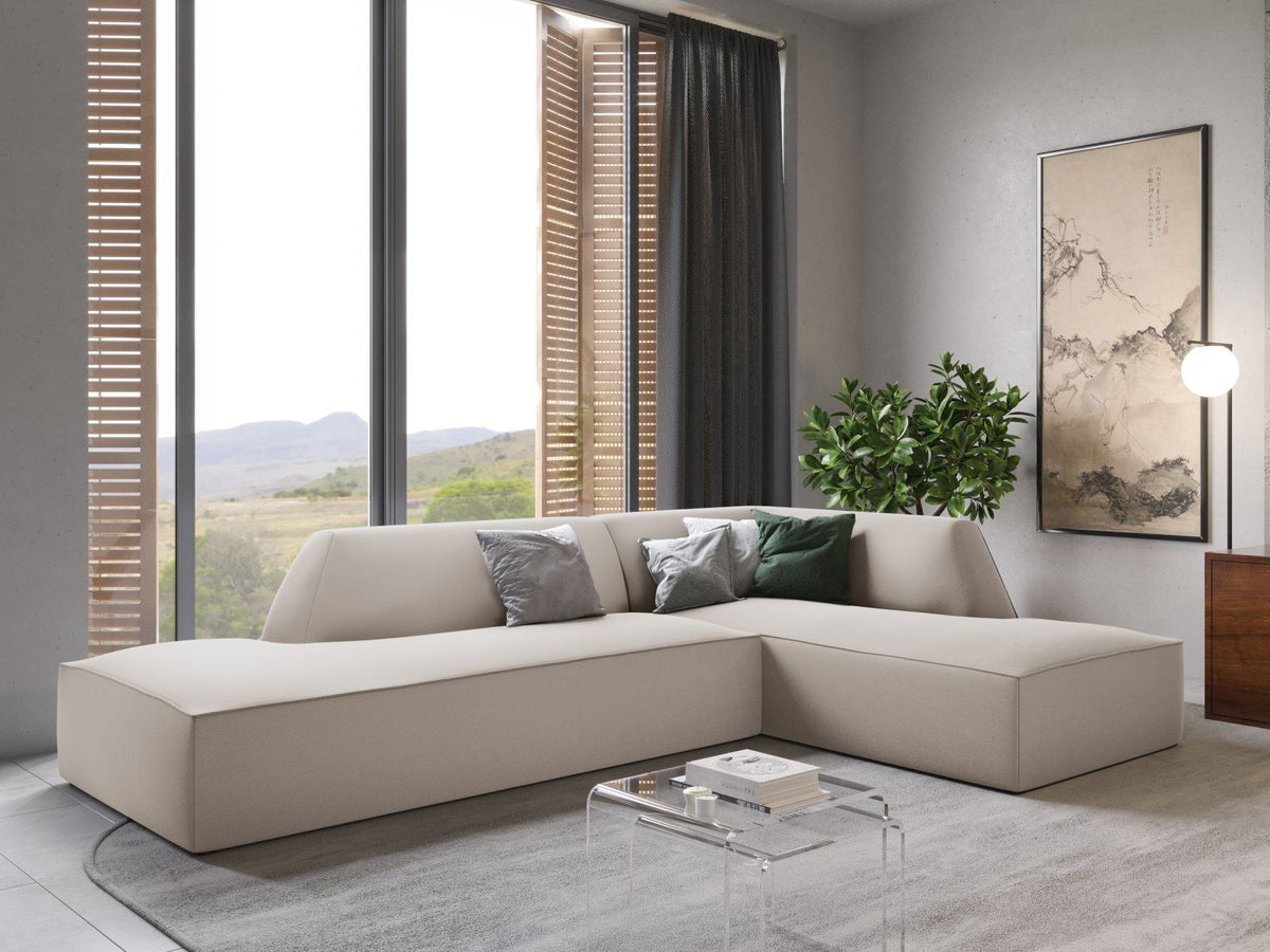 Modulares Ecksofa rechts Siena in Beige-Salvador Samtstoff mit schwarzen Kunststoffbeinen, Récamiere und Massivholzrahmen, 4-Sitzer, 180 cm.