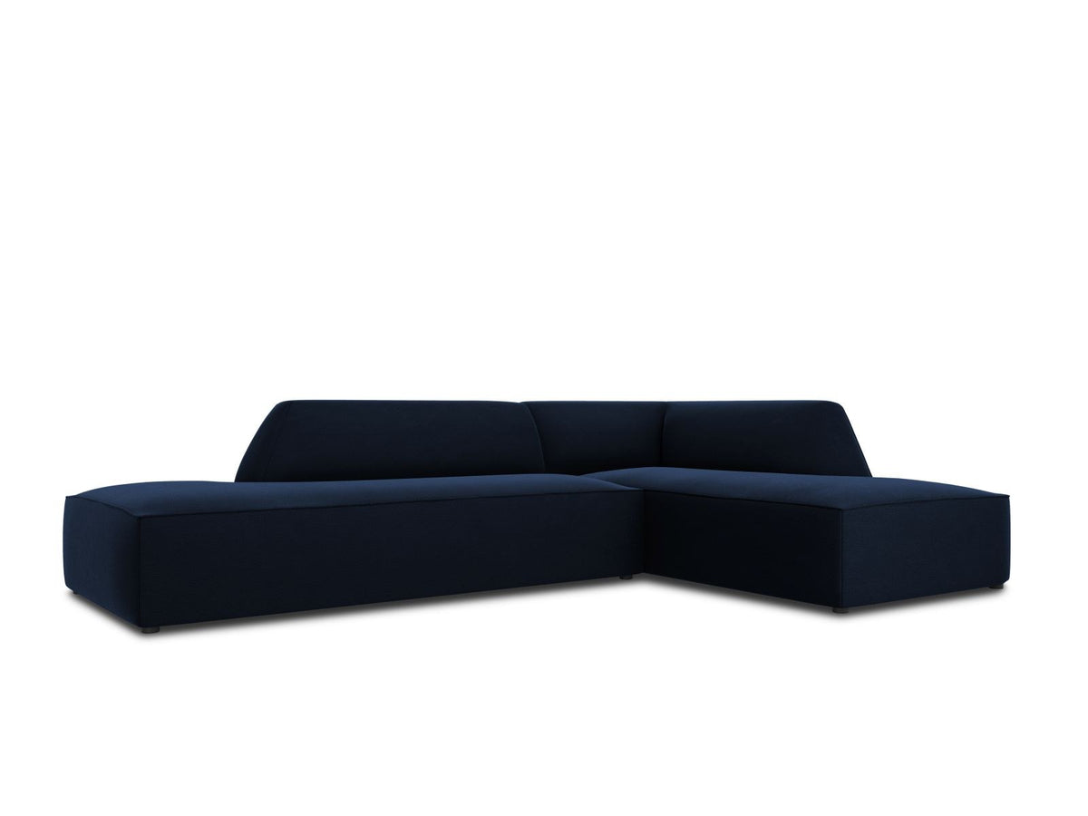 Modulares Ecksofa rechts Siena in Beige-Salvador Samtstoff mit schwarzen Kunststoffbeinen, Récamiere und Massivholzrahmen, 4-Sitzer, 180 cm.
