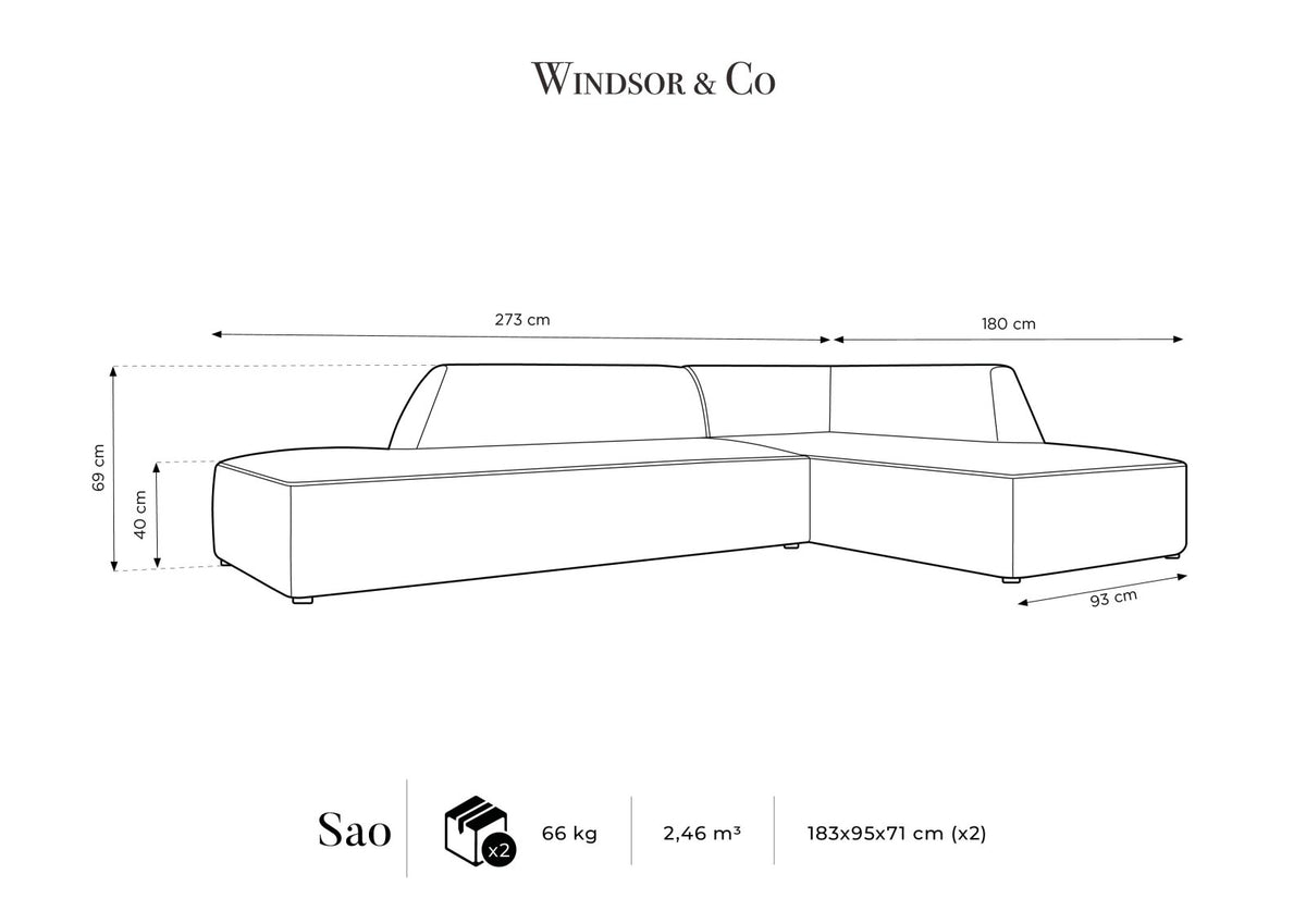 Modulares Ecksofa rechts Siena in Beige-Salvador Samtstoff mit schwarzen Kunststoffbeinen, Récamiere und Massivholzrahmen, 4-Sitzer, 180 cm.