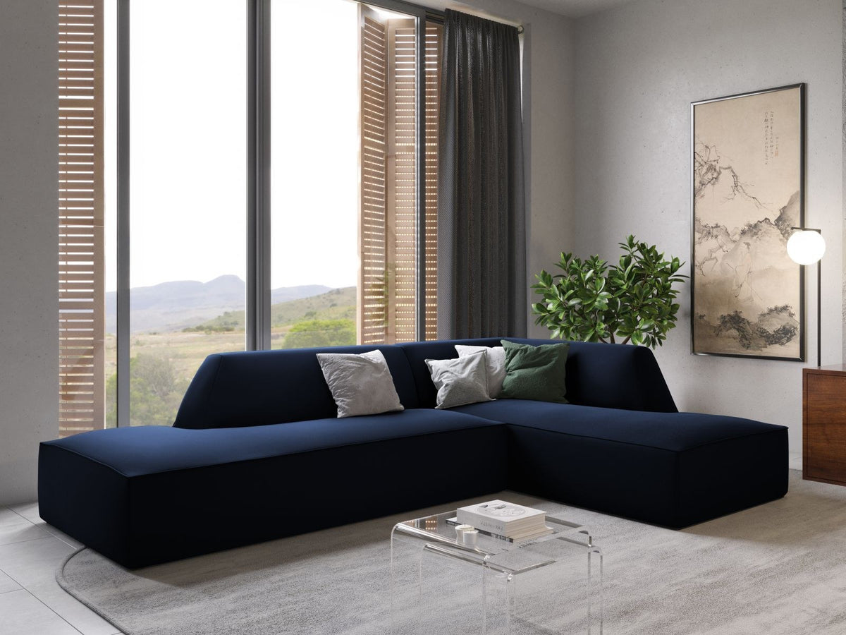Modulares Ecksofa rechts Siena in Beige-Salvador Samtstoff mit schwarzen Kunststoffbeinen, Récamiere und Massivholzrahmen, 4-Sitzer, 180 cm.