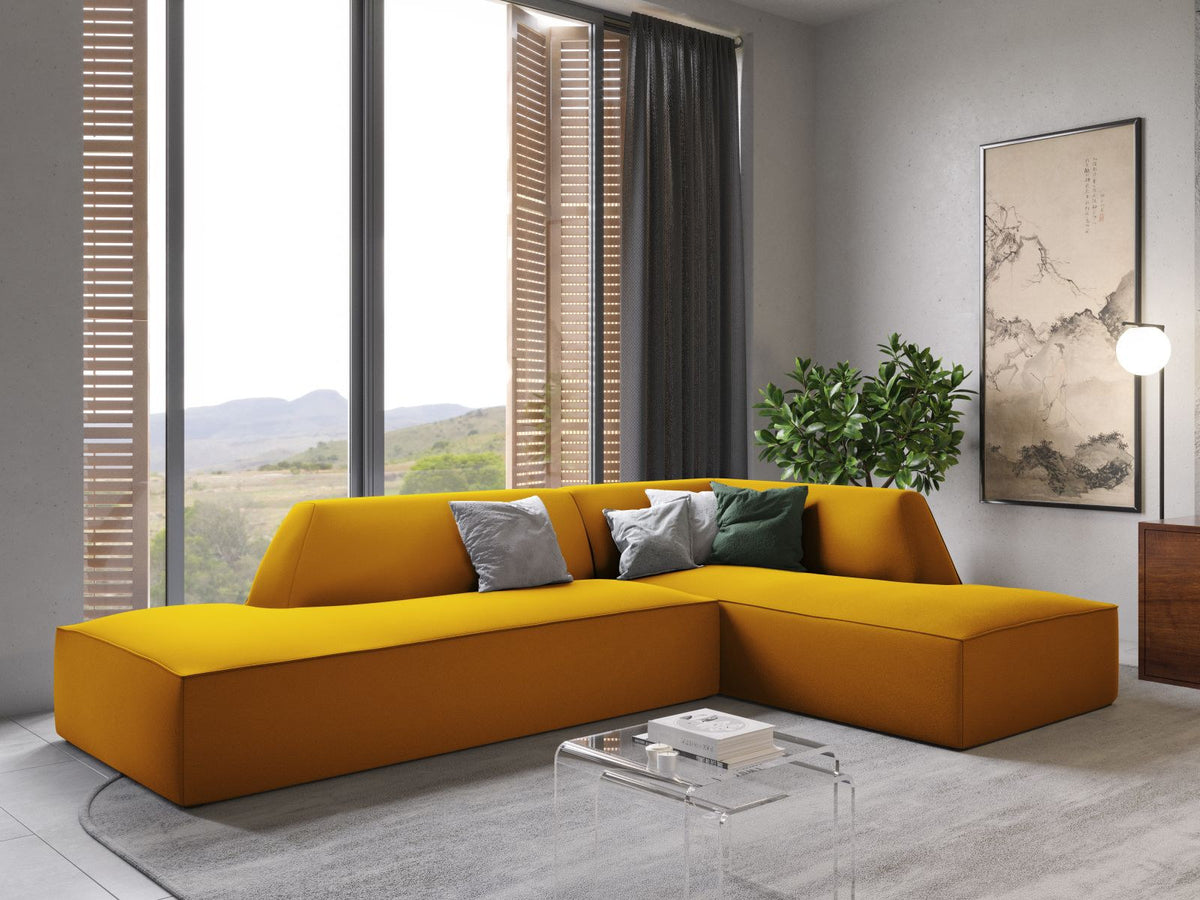 Modulares Ecksofa rechts Siena in Beige-Salvador Samtstoff mit schwarzen Kunststoffbeinen, Récamiere und Massivholzrahmen, 4-Sitzer, 180 cm.