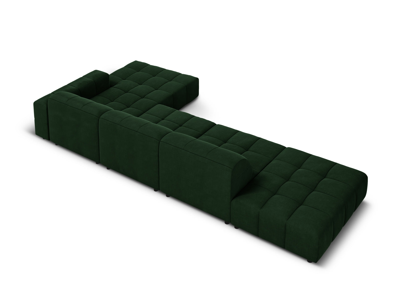 Elegantes Chicago Velour Ecksofa in tiefem Flaschengrün, 5-Sitzer, ideal für stilvolle Wohnräume und entspannte Abende von Cosmopolitan Design.