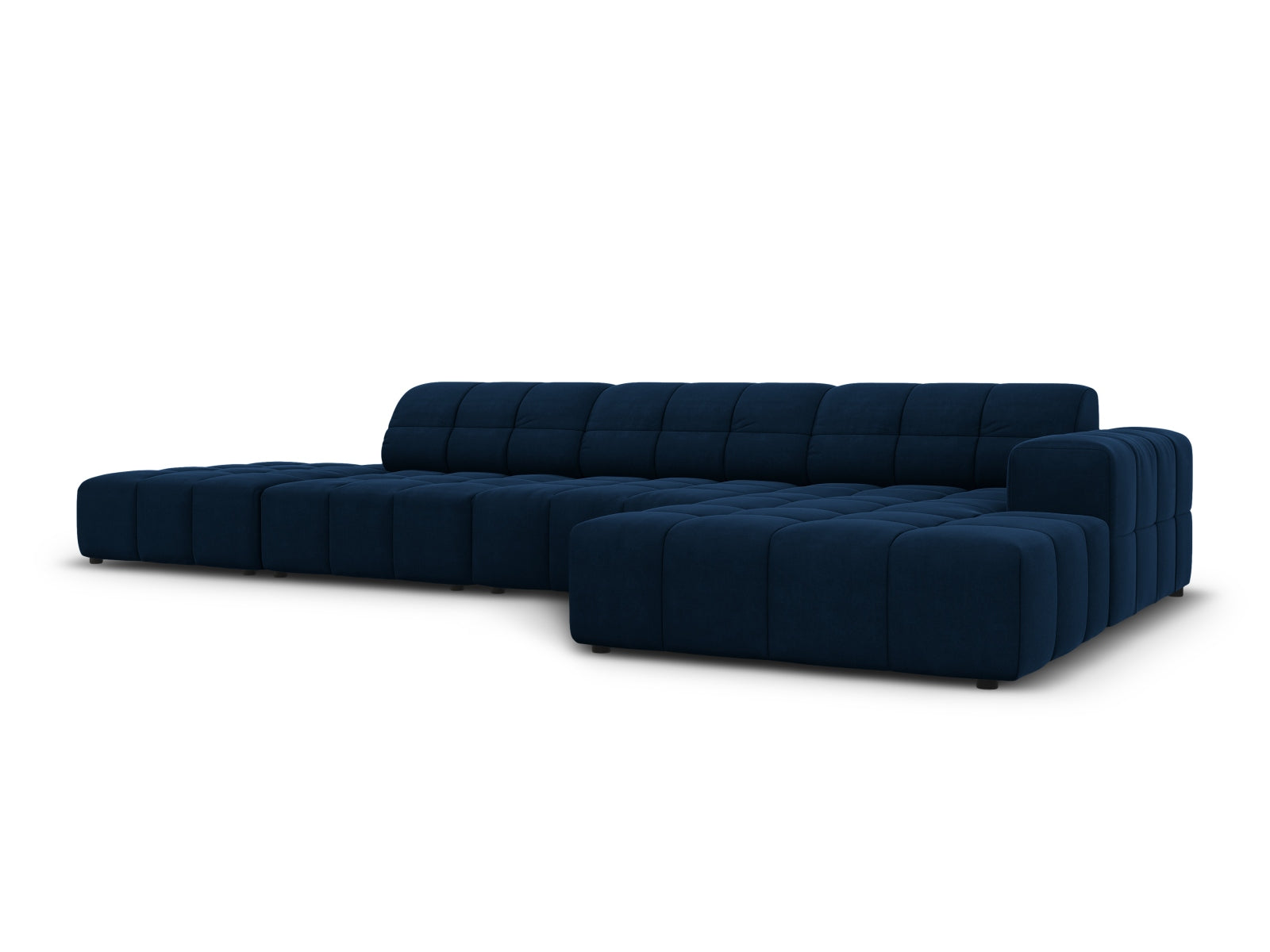 Elegantes Chicago Velour Ecksofa in Royal Blue, 5-Sitzer, 166cm, ideal für stilvolle Wohnräume, präsentiert von Cosmopolitan Design.