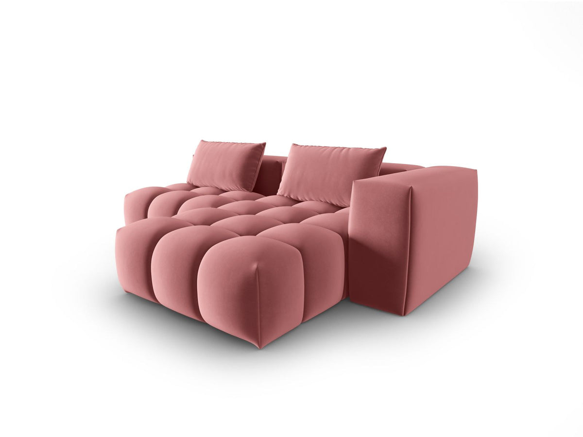 Modulares Ecksofa rechts in Sand-Casino Samt mit Massivholzrahmen, schwarzen Kunststoffbeinen und drei Sitzplätzen, seitliche Ansicht.