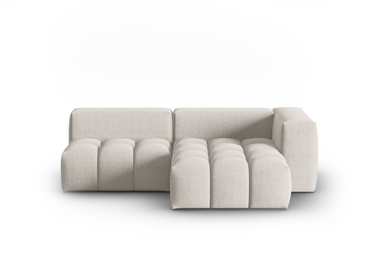 Modulares Ecksofa Verona rechts mit 3 Sitzplätzen, bezogen mit beigem Sorella-Strukturstoff, schwarze Kunststoffbeine, Massivholzrahmen sichtbar