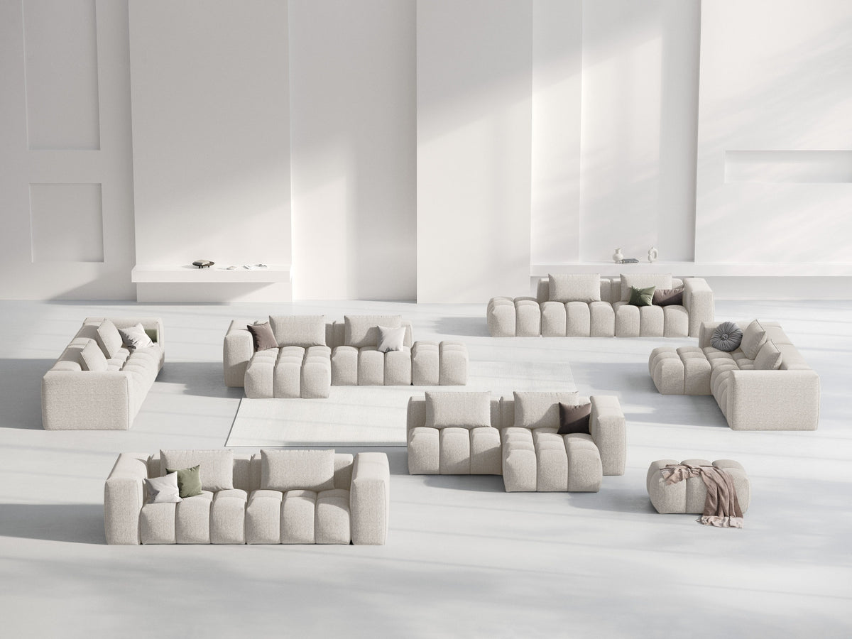 Modulares Ecksofa Verona rechts mit 3 Sitzplätzen, bezogen mit beigem Sorella-Strukturstoff, schwarze Kunststoffbeine, Massivholzrahmen sichtbar