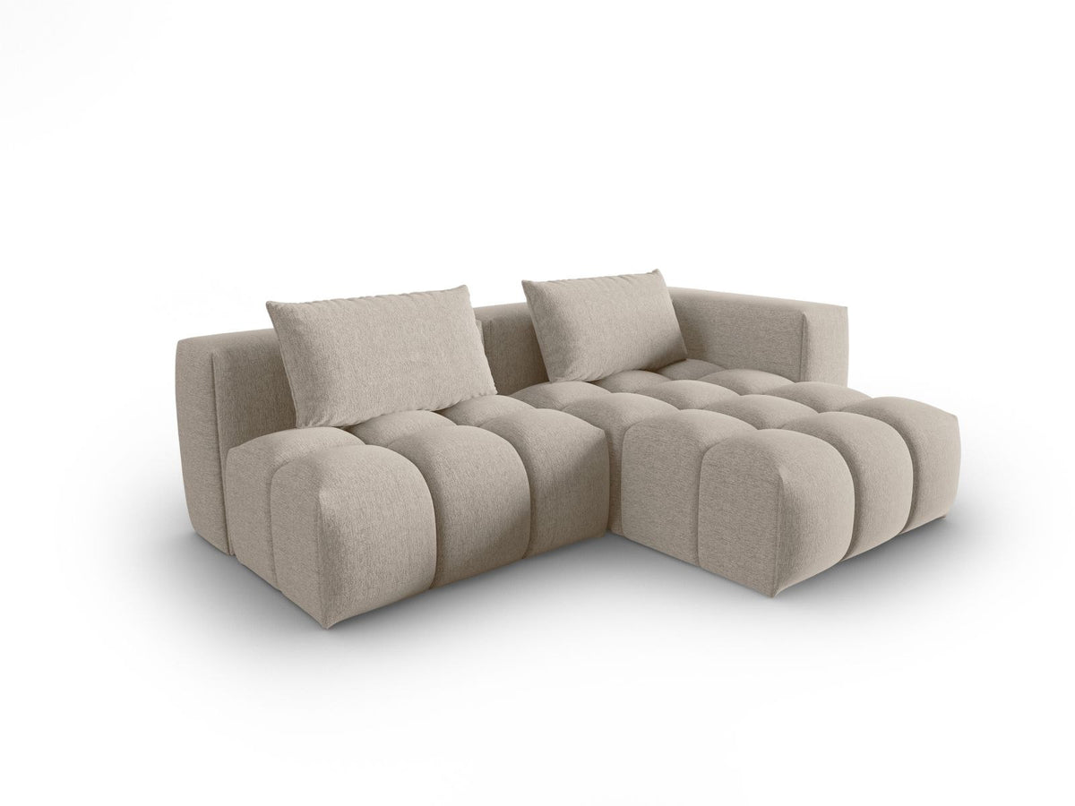 Modulares Ecksofa Verona rechts mit 3 Sitzplätzen, bezogen mit beigem Sorella-Strukturstoff, schwarze Kunststoffbeine, Massivholzrahmen sichtbar