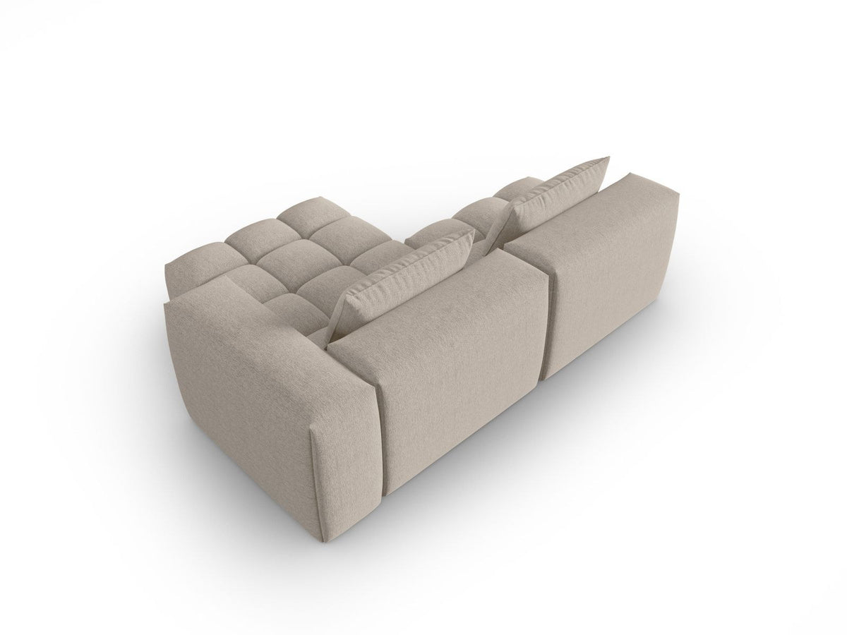 Modulares Ecksofa Verona rechts mit 3 Sitzplätzen, bezogen mit beigem Sorella-Strukturstoff, schwarze Kunststoffbeine, Massivholzrahmen sichtbar