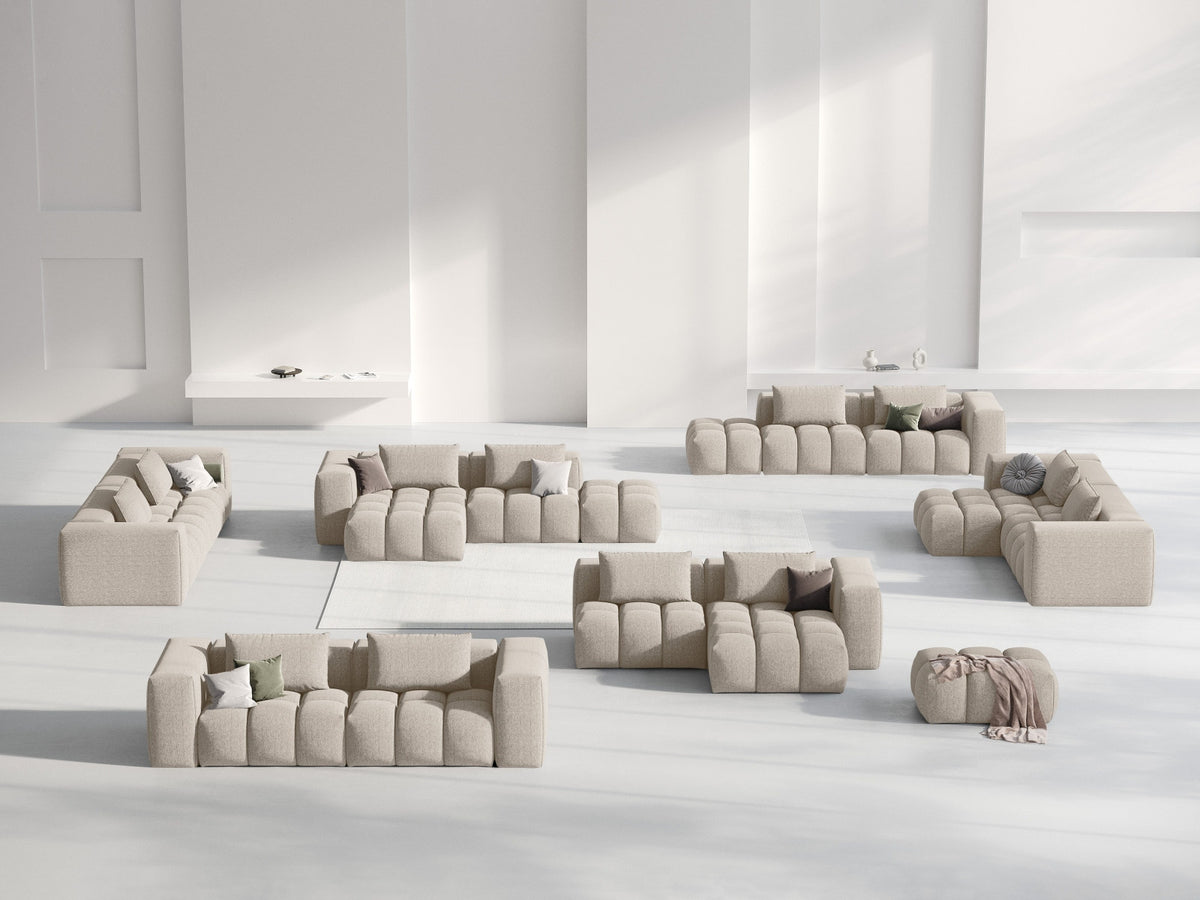 Modulares Ecksofa Verona rechts mit 3 Sitzplätzen, bezogen mit beigem Sorella-Strukturstoff, schwarze Kunststoffbeine, Massivholzrahmen sichtbar