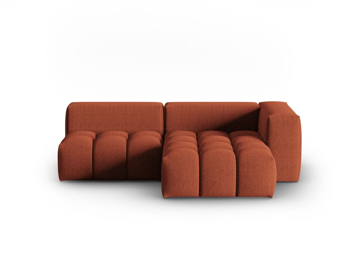 Modulares Ecksofa Verona rechts mit 3 Sitzplätzen, bezogen mit beigem Sorella-Strukturstoff, schwarze Kunststoffbeine, Massivholzrahmen sichtbar