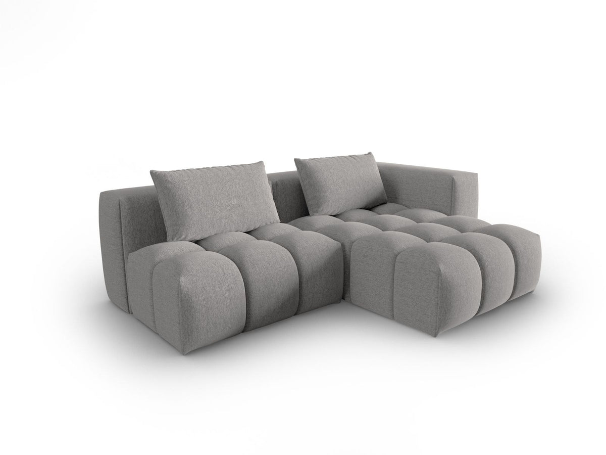 Modulares Ecksofa Verona rechts mit 3 Sitzplätzen, bezogen mit beigem Sorella-Strukturstoff, schwarze Kunststoffbeine, Massivholzrahmen sichtbar