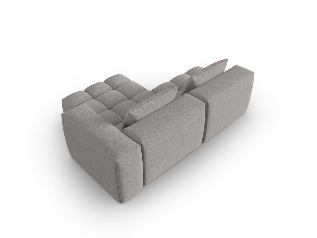 Modulares Ecksofa Verona rechts mit 3 Sitzplätzen, bezogen mit beigem Sorella-Strukturstoff, schwarze Kunststoffbeine, Massivholzrahmen sichtbar
