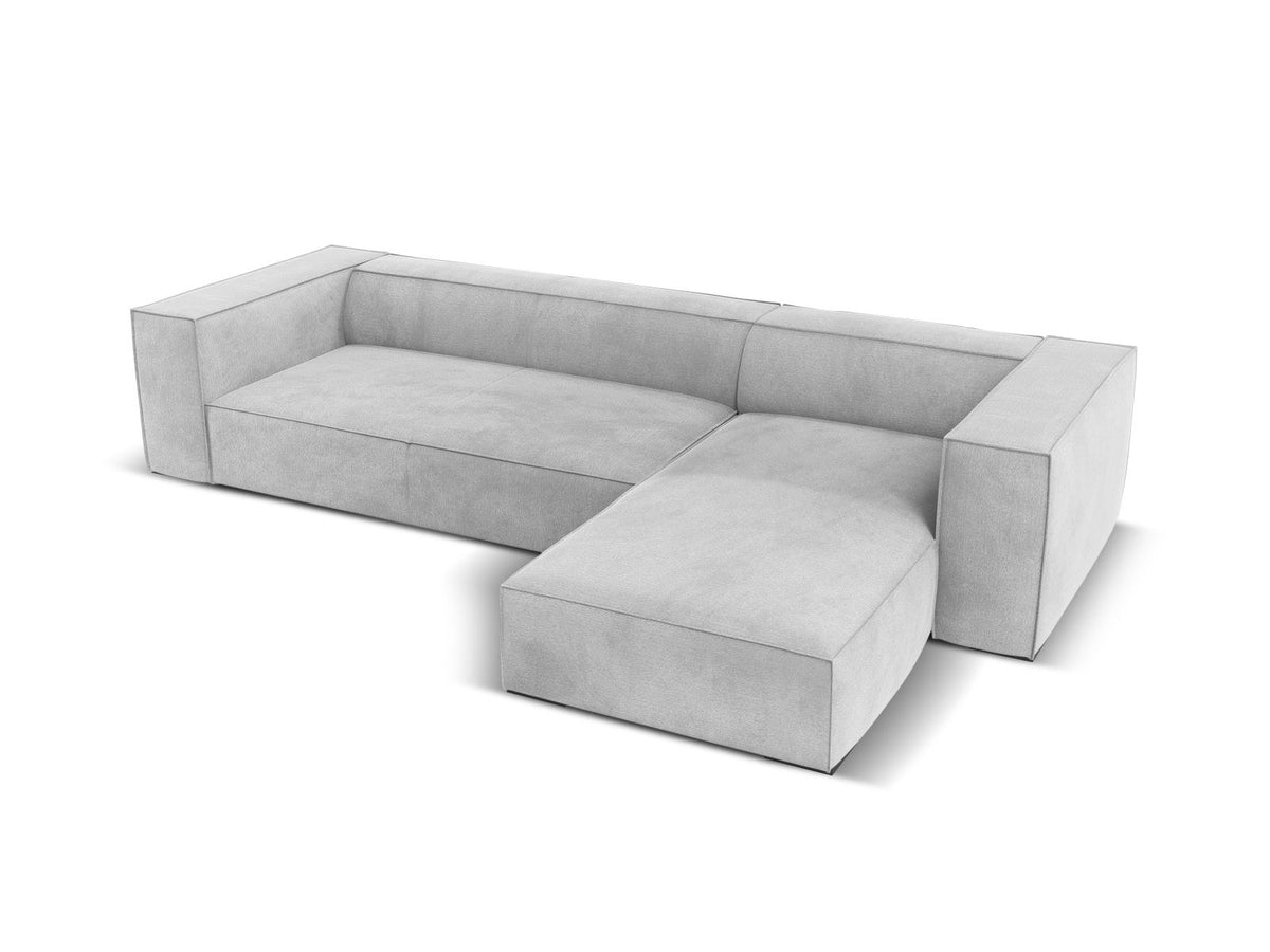 Turin Ecksofa rechts mit Chenille-Bezug in Light Beige-Rosario, Massivholzrahmen aus Kiefer und Beinen aus schwarzem Buchenholz, Récamiere-Form.