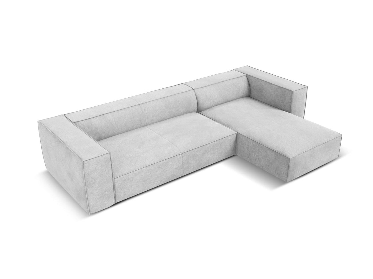 Turin Ecksofa rechts mit Chenille-Bezug in Light Beige-Rosario, Massivholzrahmen aus Kiefer und Beinen aus schwarzem Buchenholz, Récamiere-Form.