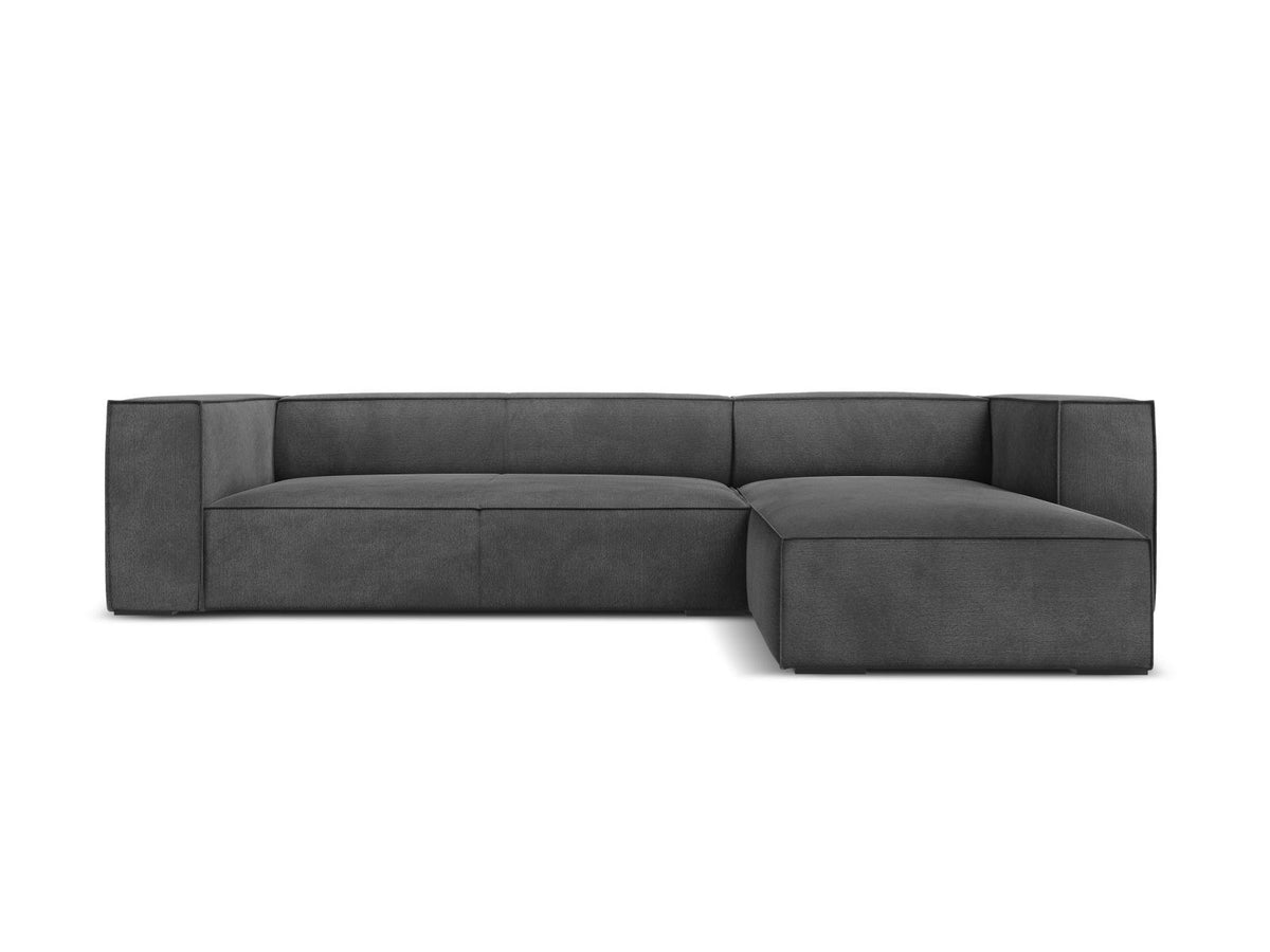 Turin Ecksofa rechts mit Chenille-Bezug in Light Beige-Rosario, Massivholzrahmen aus Kiefer und Beinen aus schwarzem Buchenholz, Récamiere-Form.