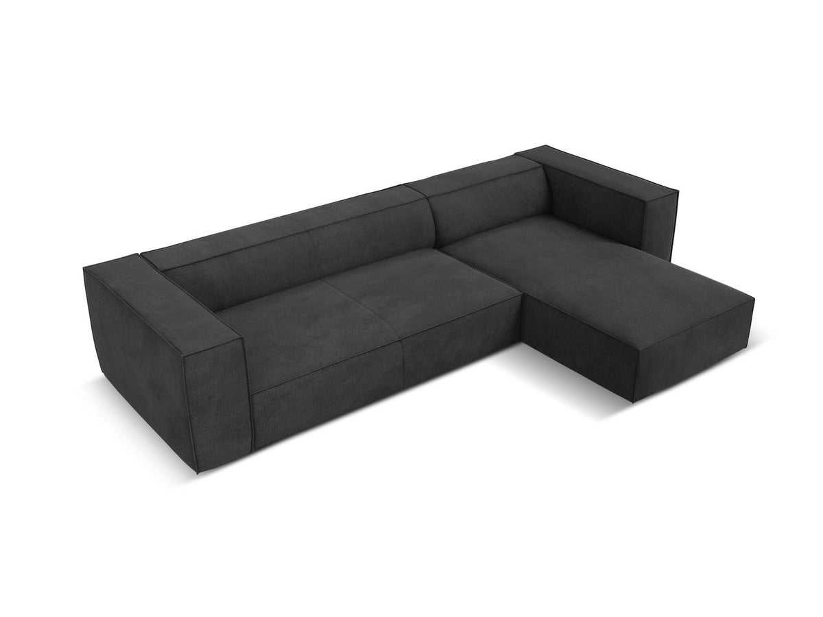 Turin Ecksofa rechts mit Chenille-Bezug in Light Beige-Rosario, Massivholzrahmen aus Kiefer und Beinen aus schwarzem Buchenholz, Récamiere-Form.