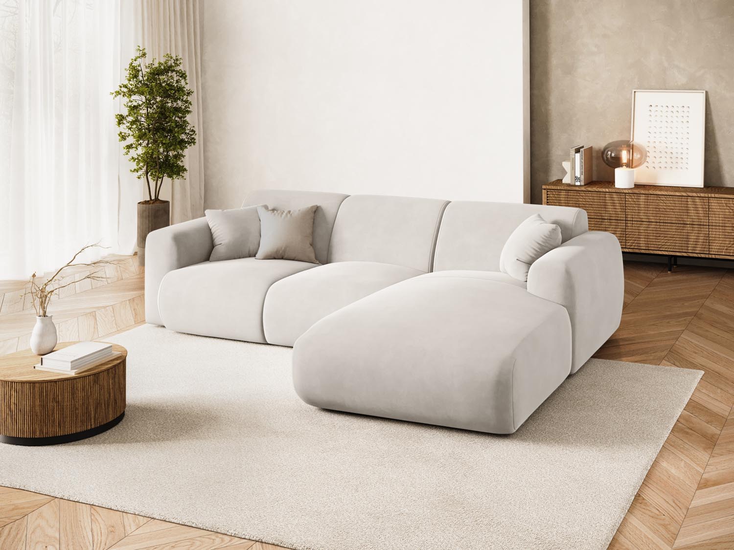 Elegantes Nolio Velour Ecksofa in Light Beige, 4-Sitzer, ideal für stilvolle Wohnräume, präsentiert von Cosmopolitan Design.
