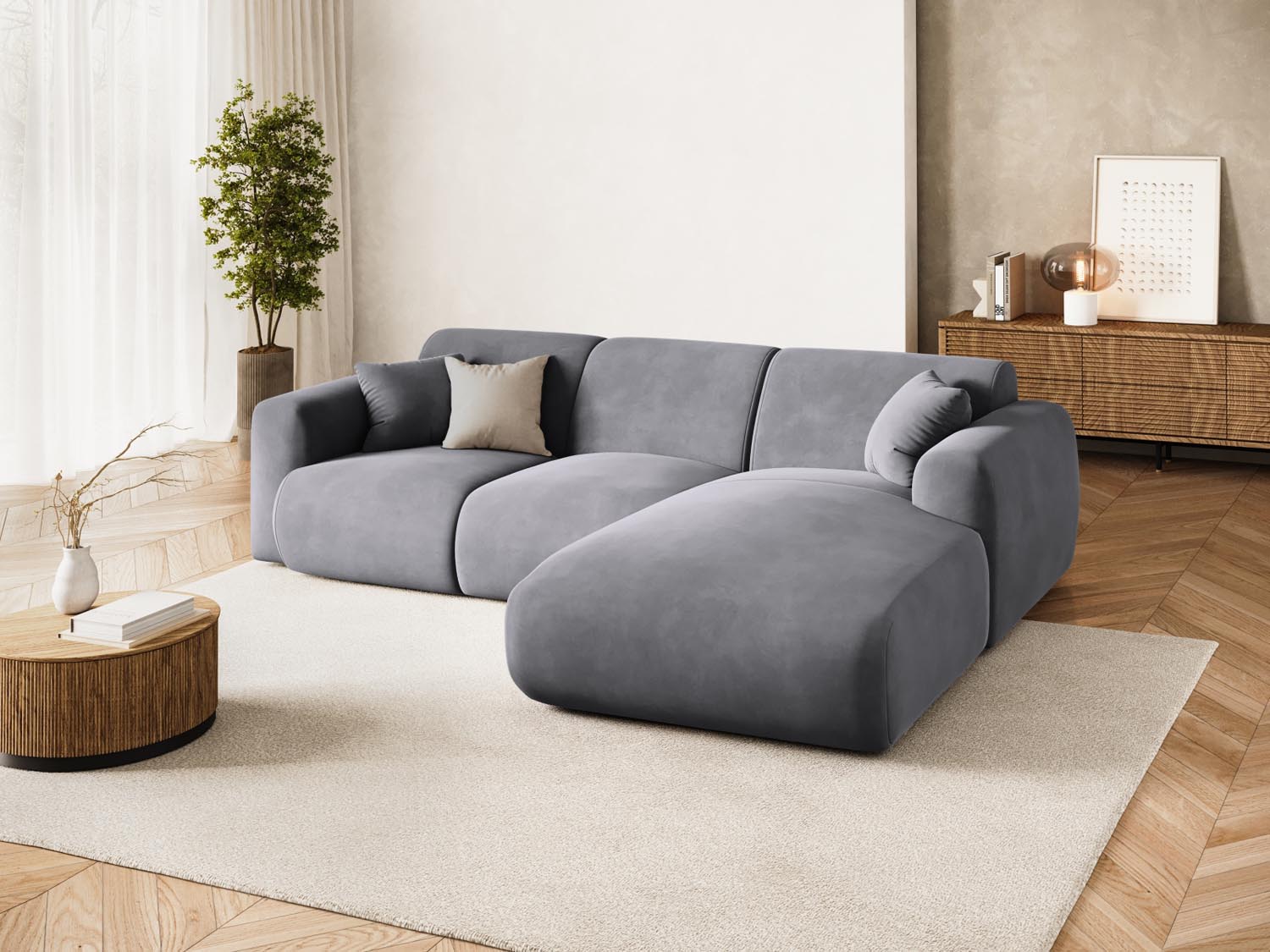 Elegantes Nolio Velour Ecksofa in Dunkelgrau, 4-Sitzer, ideal für stilvolle Wohnräume, präsentiert in einem modernen Ambiente.