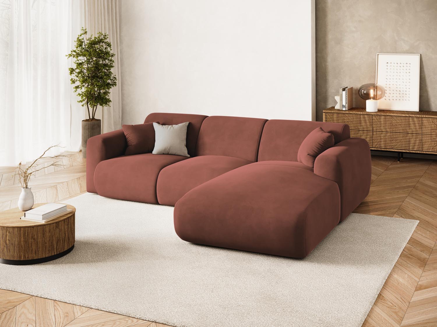 Entdecken Sie das stilvolle Nolio Velour Ecksofa rechts von Cosmopolitan Design. Dieses 4-Sitzer Sofa (170 cm) vereint Komfort und zeitgemässes Design.