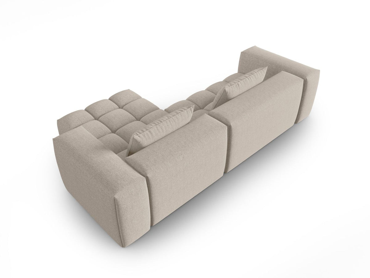 Modulares Ecksofa Verona rechts mit 3 Sitzplätzen, bezogen mit beigem Sorella-Strukturstoff, schwarze Kunststoffbeine, Massivholzrahmen sichtbar